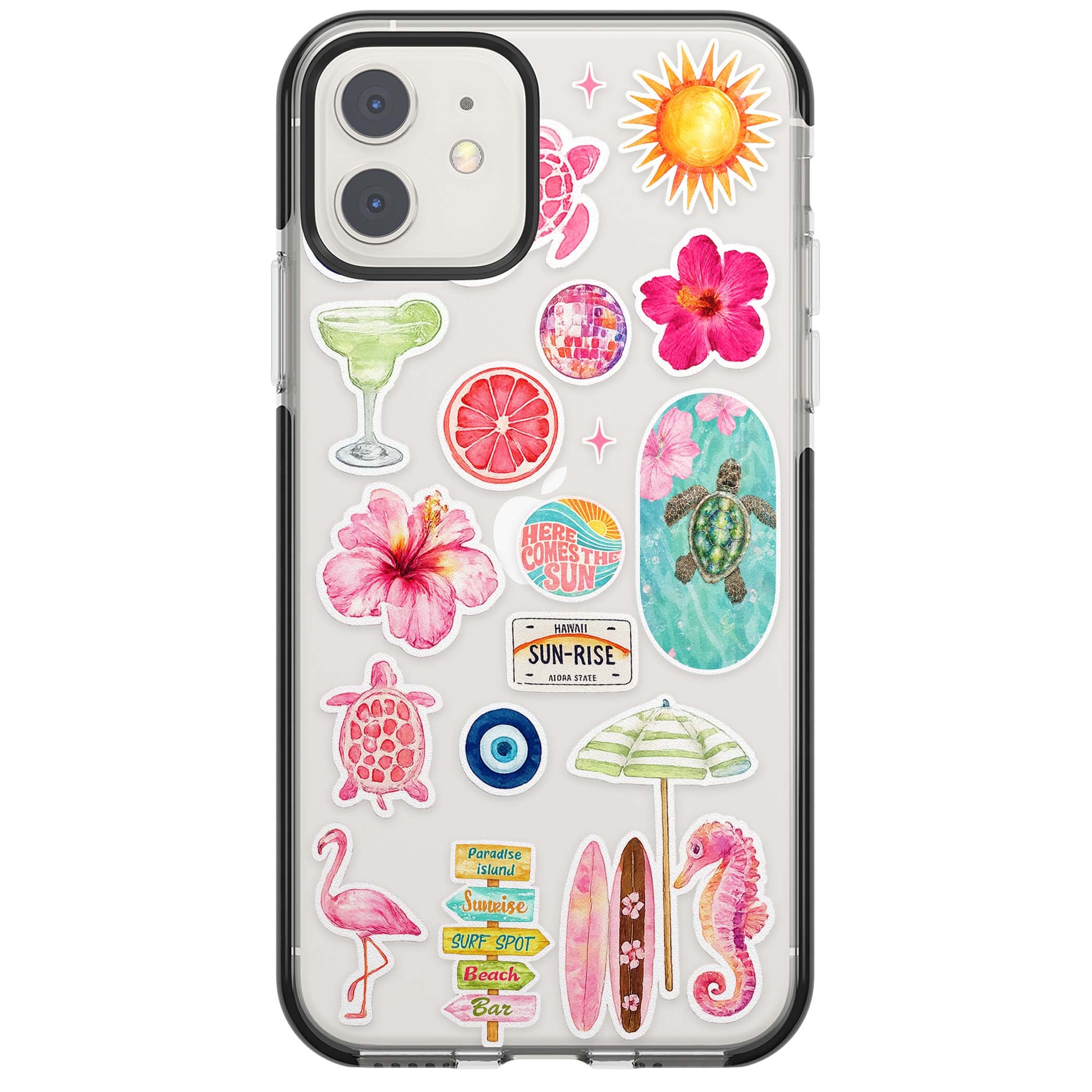 Aloha Sticker Mix tropical summer iPhone case featuring pink hibiscus, sea turtles, flamingo and beach umbrella stickers | Black Impact case for iPhone 11, iPhone 12