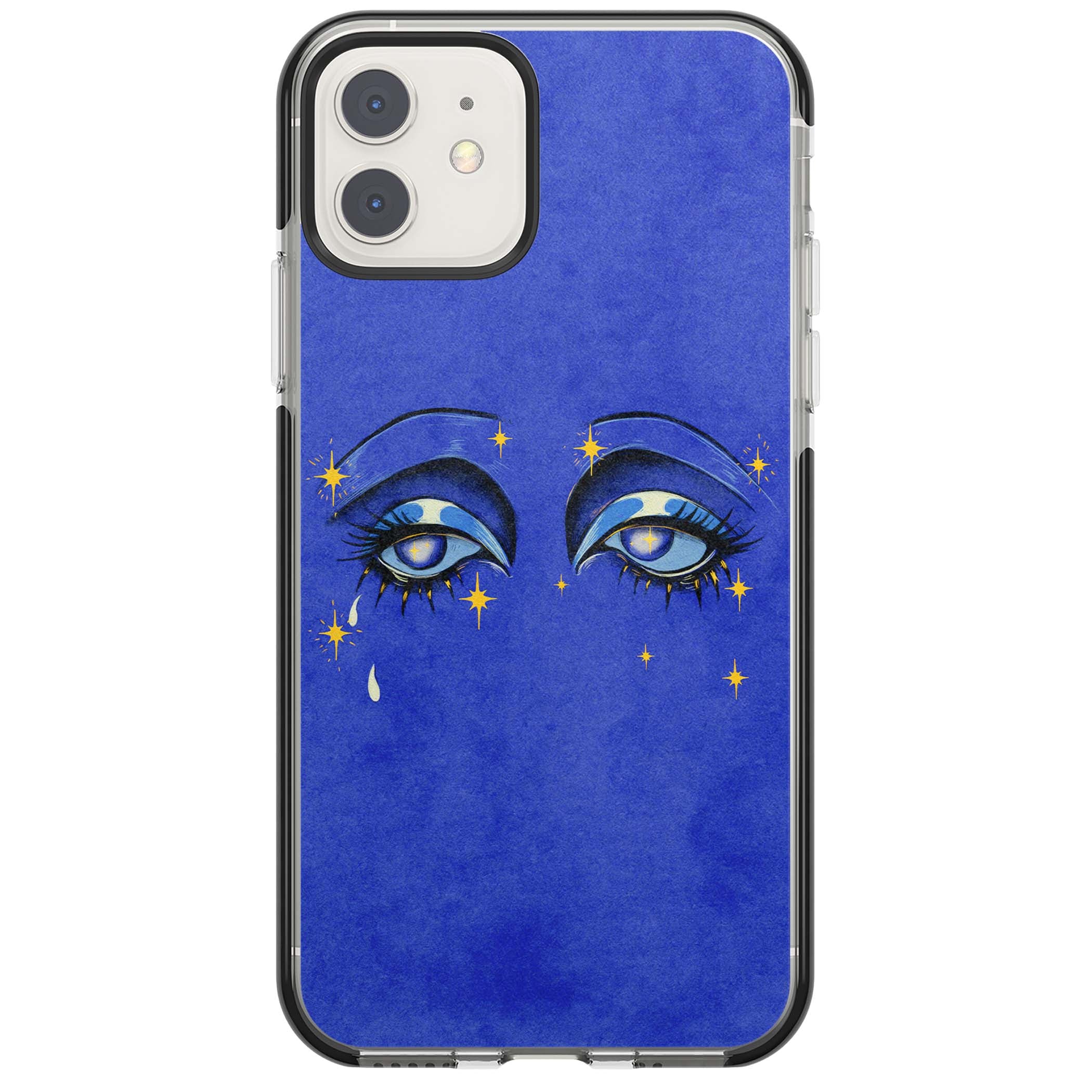 Blue Mystic Eyes celestial iPhone case featuring hand drawn blue mystical eyes, golden stars and a painted tear on indigo | Black Impact case for iPhone 11, iPhone 12