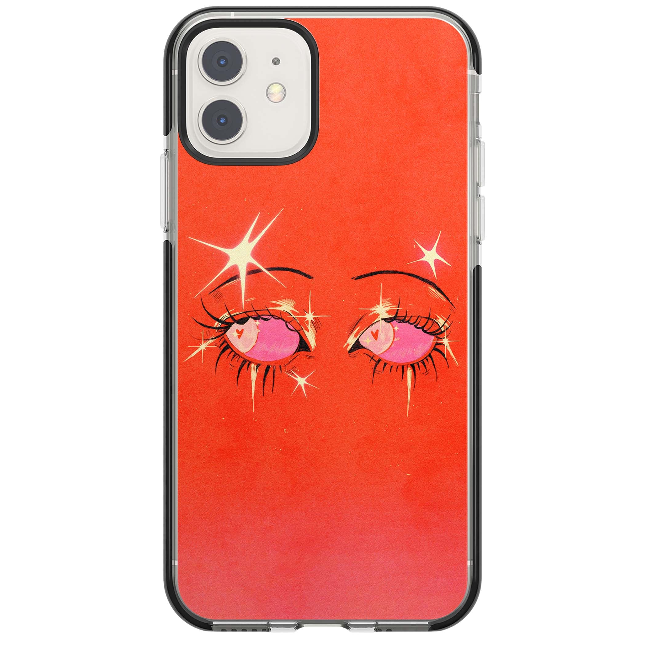 Pink Ethereal Eyes anime iPhone case featuring hand-drawn sparkly eyes with pink hearts and gold stars on red | Black Impact case for iPhone 11, iPhone 12