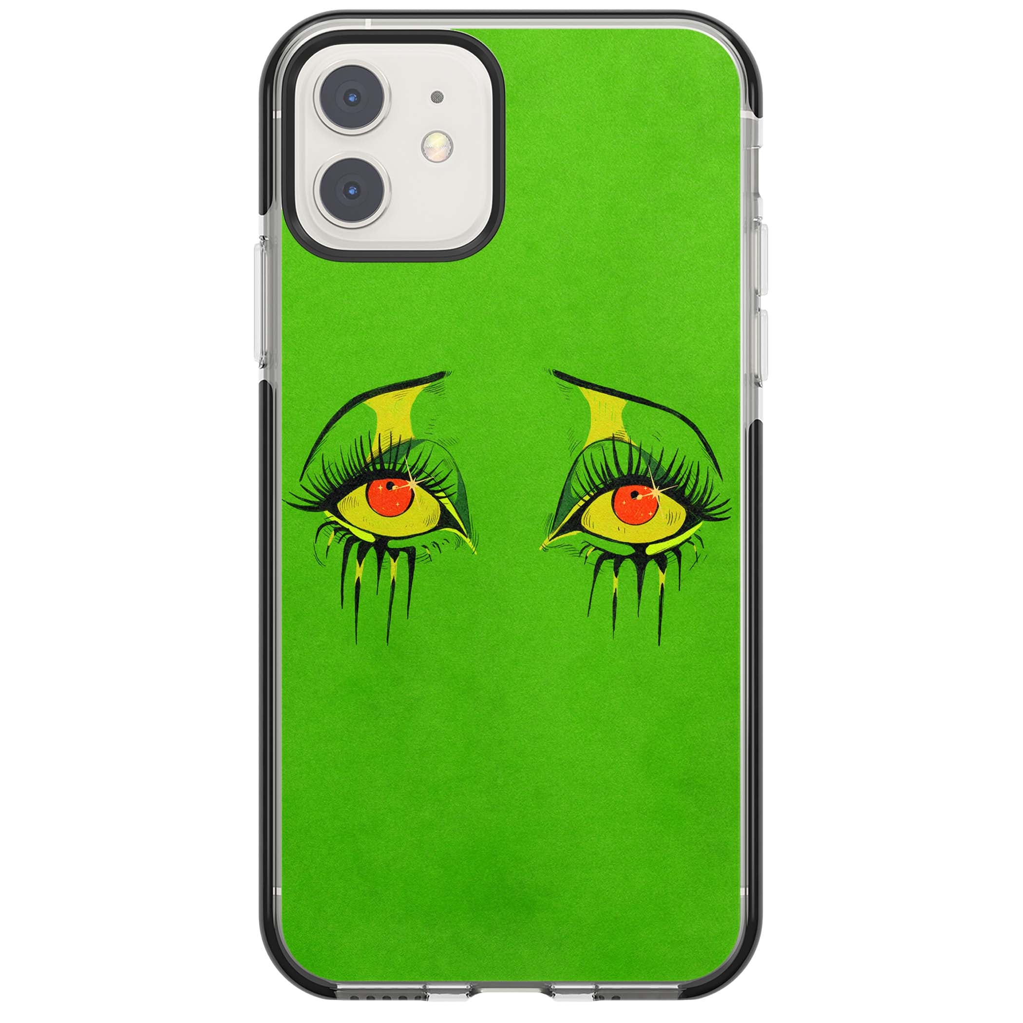 Green Enchanted Eyes psychedelic art iPhone case featuring hand-drawn dripping eyes on neon green background | Black Impact case for iPhone 11, iPhone 12