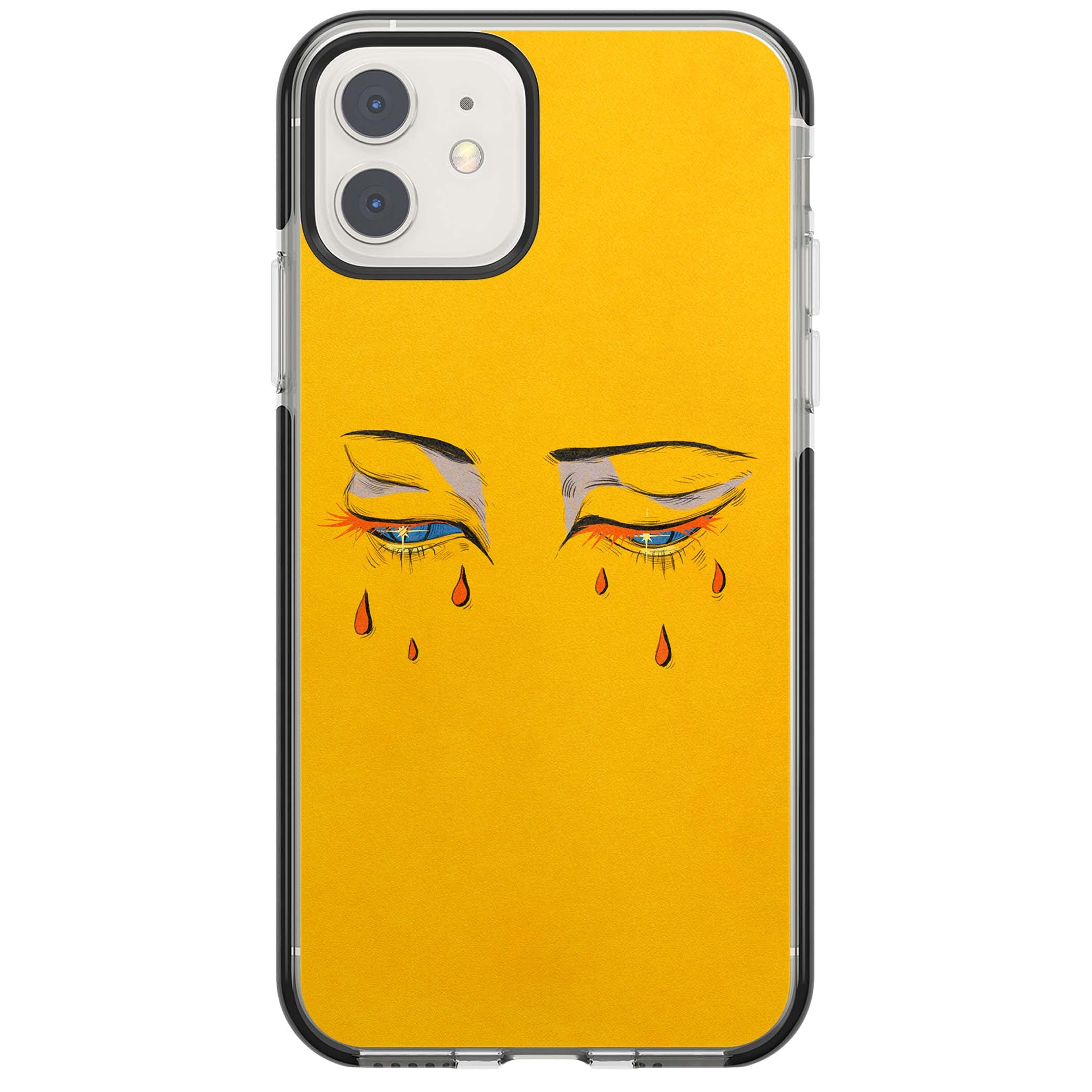 Yellow Tearful Eyes indie iPhone case featuring hand-drawn crying eyes with orange tears on a yellow background | Black Impact case for iPhone 11, iPhone 12