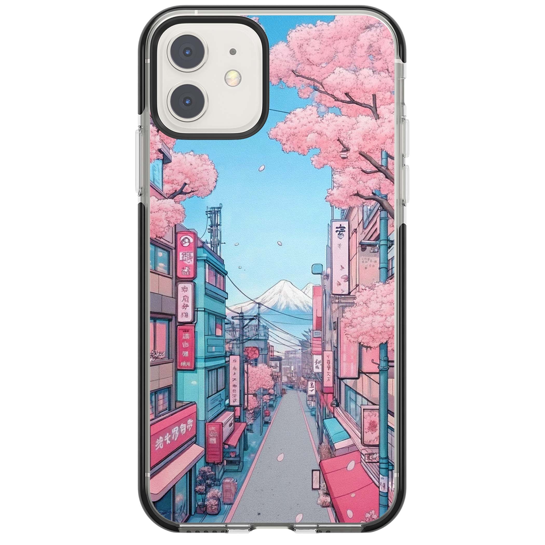 Sakura Lane anime iPhone case featuring Tokyo street scene with cherry blossoms and Mount Fuji | Black Impact case for iPhone 11, iPhone 12