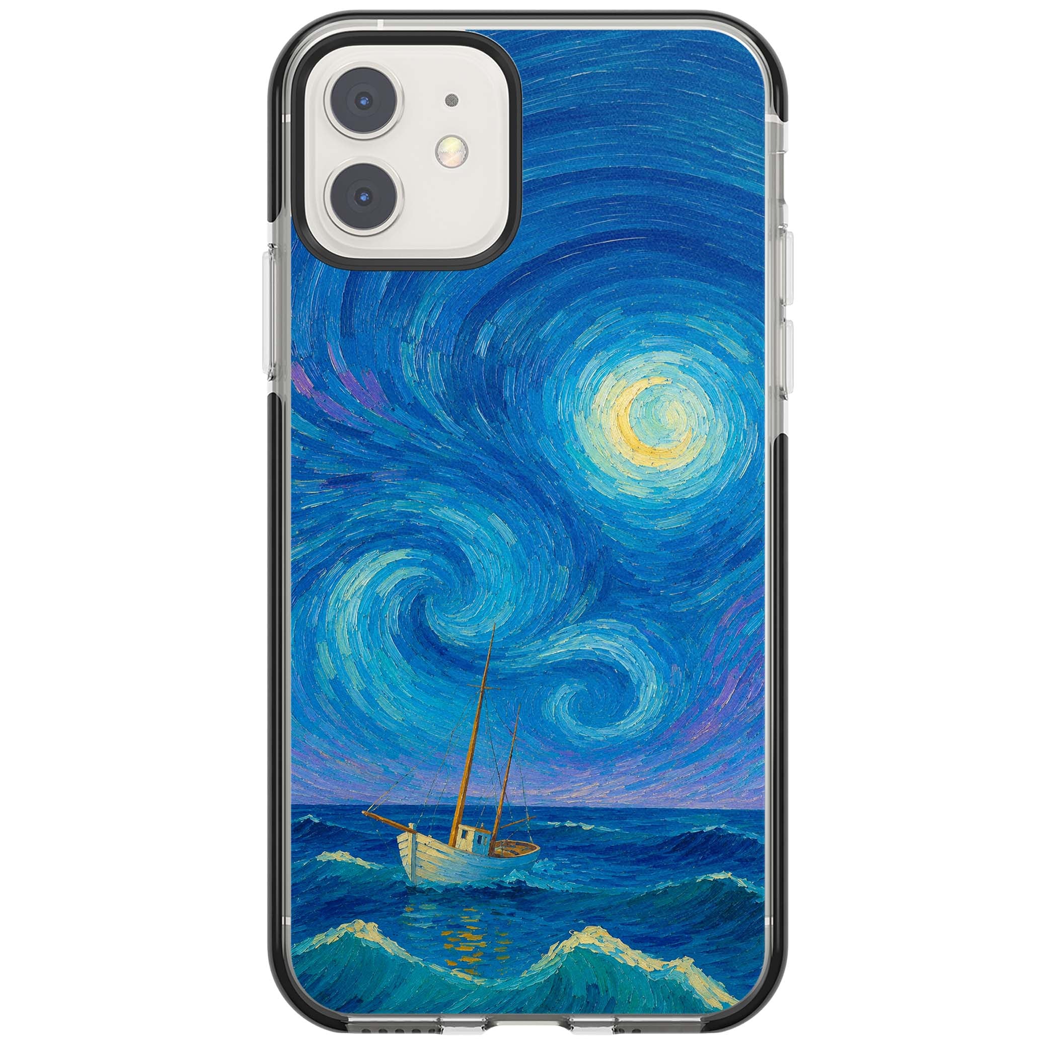 Moonlit Tide Van Gogh art iPhone case featuring swirling starry night sky, glowing moon and lone sailing boat at sea | Black Impact case for iPhone 11, iPhone 12