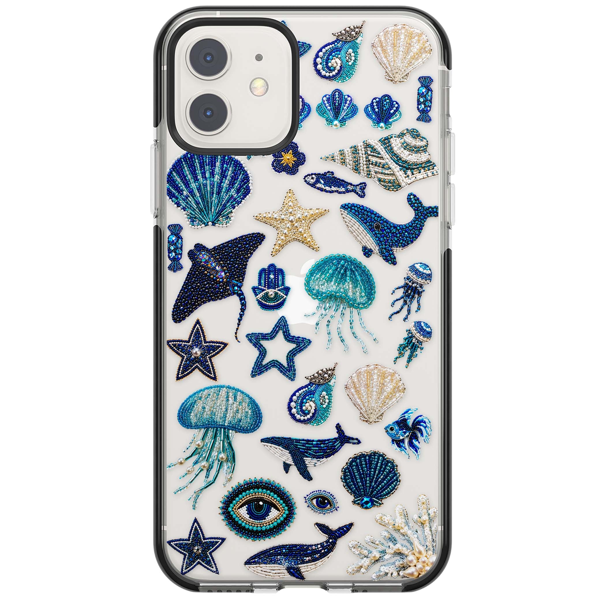 Beaded Coastal coastal iPhone case featuring embroidered seashells, jellyfish and a blue whale on clear | Black Impact case for iPhone 11, iPhone 12