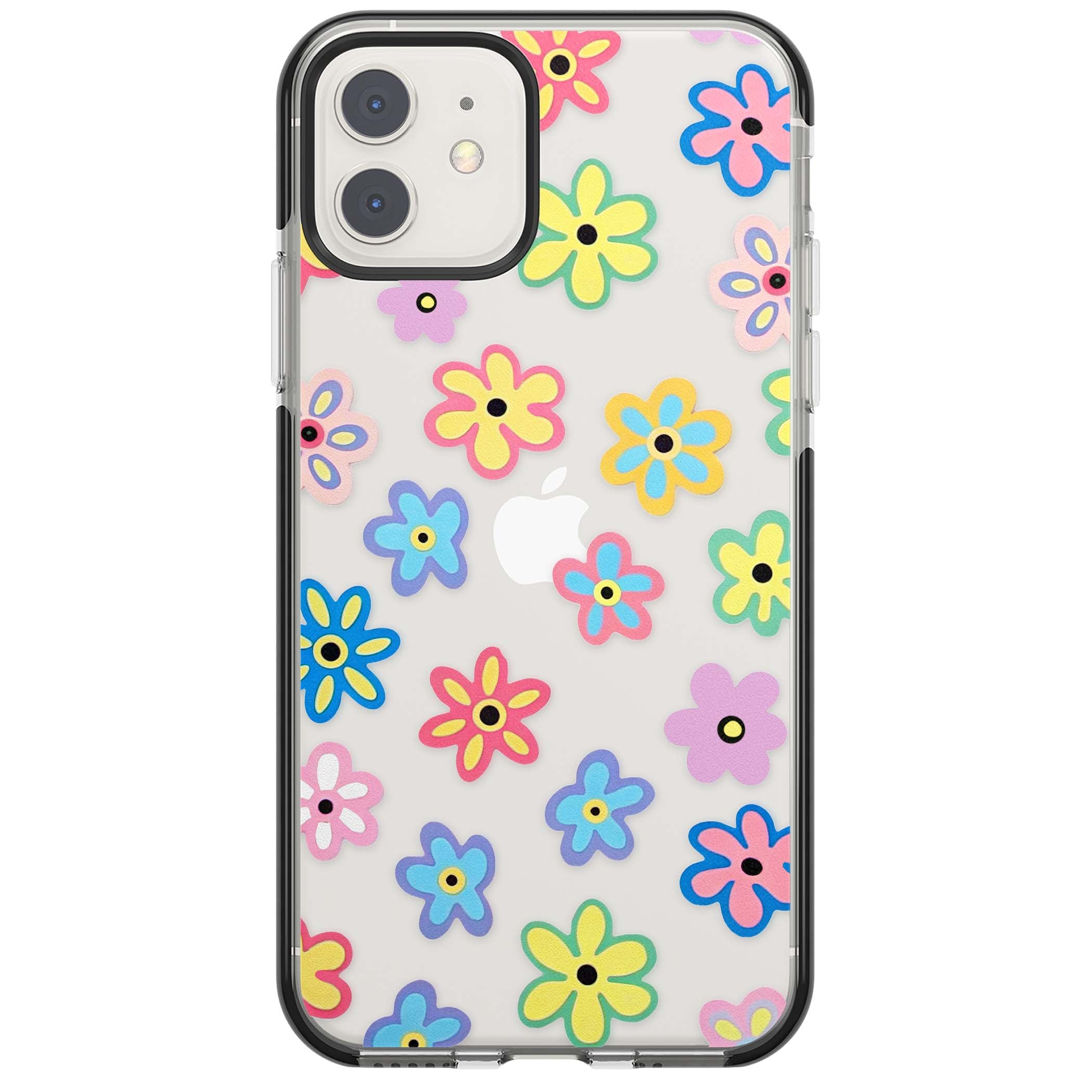 Bloom Pop cottagecore iPhone case featuring multicolor pastel flowers with black centers on clear background | Black Impact case for iPhone 11, iPhone 12
