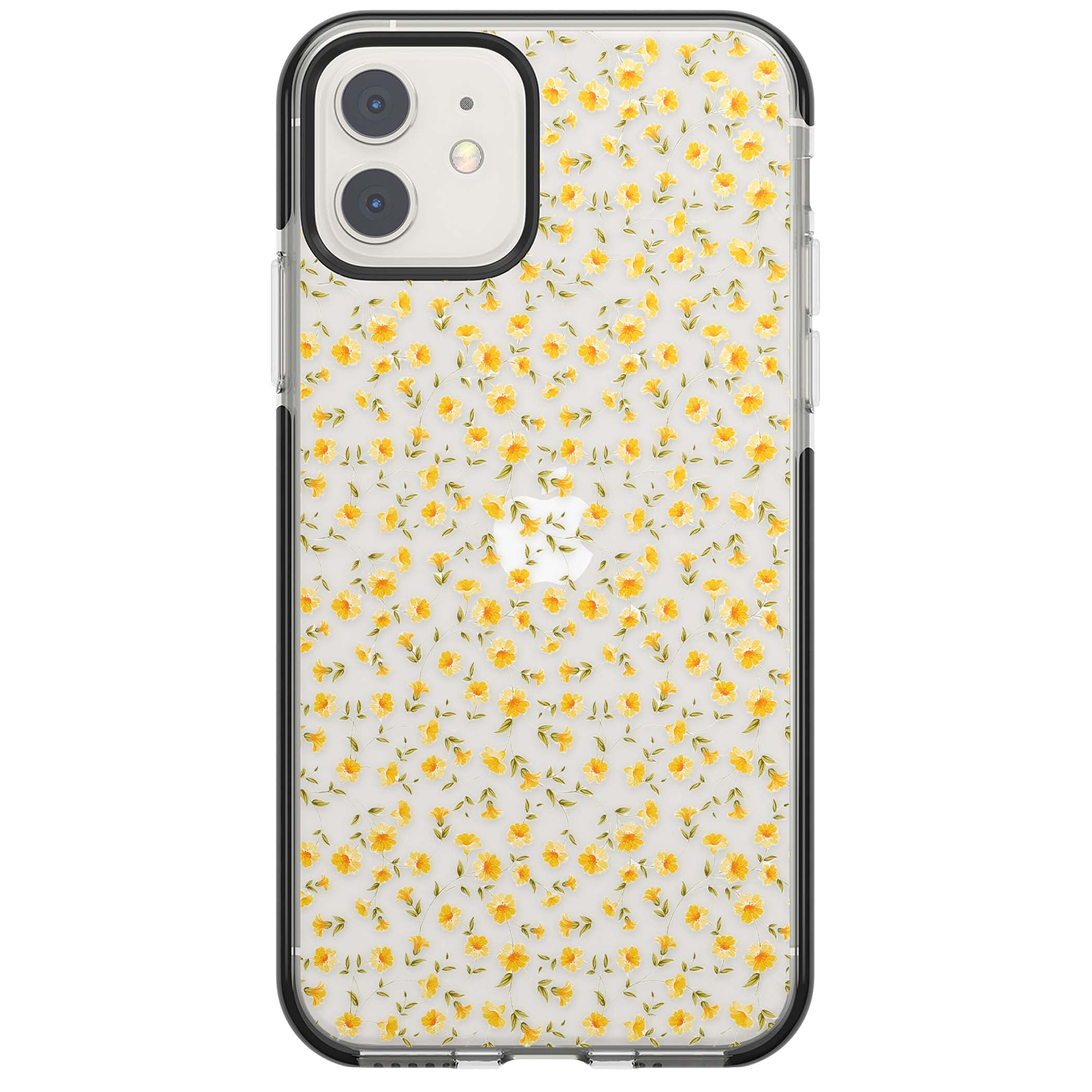 Buttercup wildflower iPhone case featuring tiny yellow flowers and trailing green vines on clear | Black Impact case for iPhone 11, iPhone 12