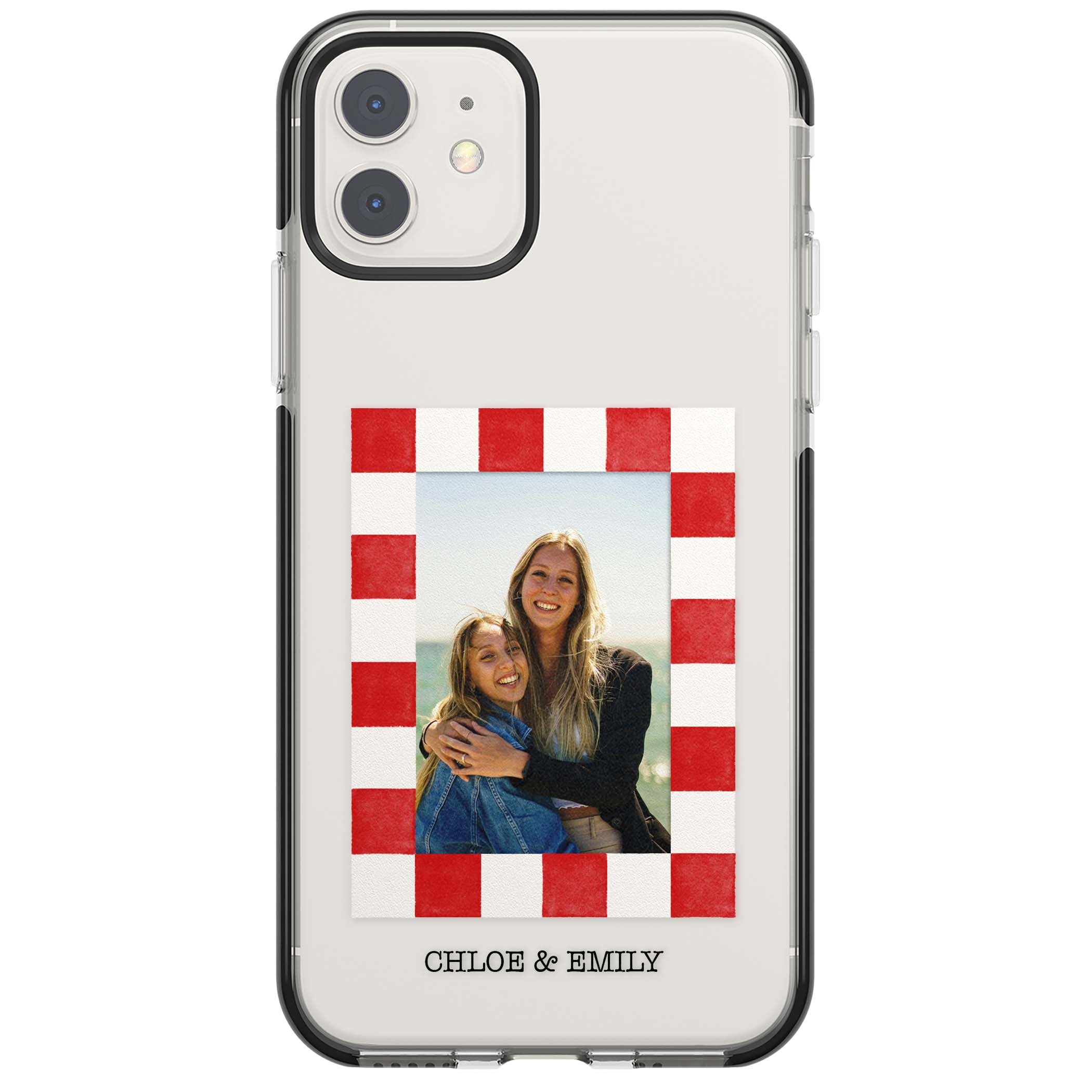 Red Check Photo personalised photo iPhone case with red and white checkered polaroid frame and custom couple name | Black Impact case for iPhone 11, iPhone 12