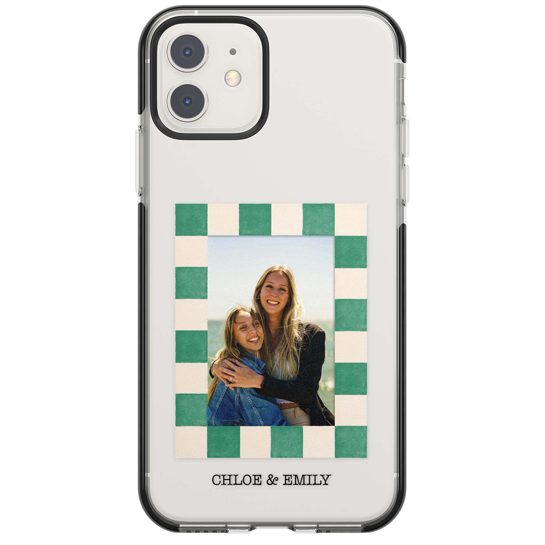 Seafoam Check Photo personalised iPhone case featuring a custom polaroid photo, green and cream checkered frame, and custom n | Black Impact case for iPhone 11, iPhone 12