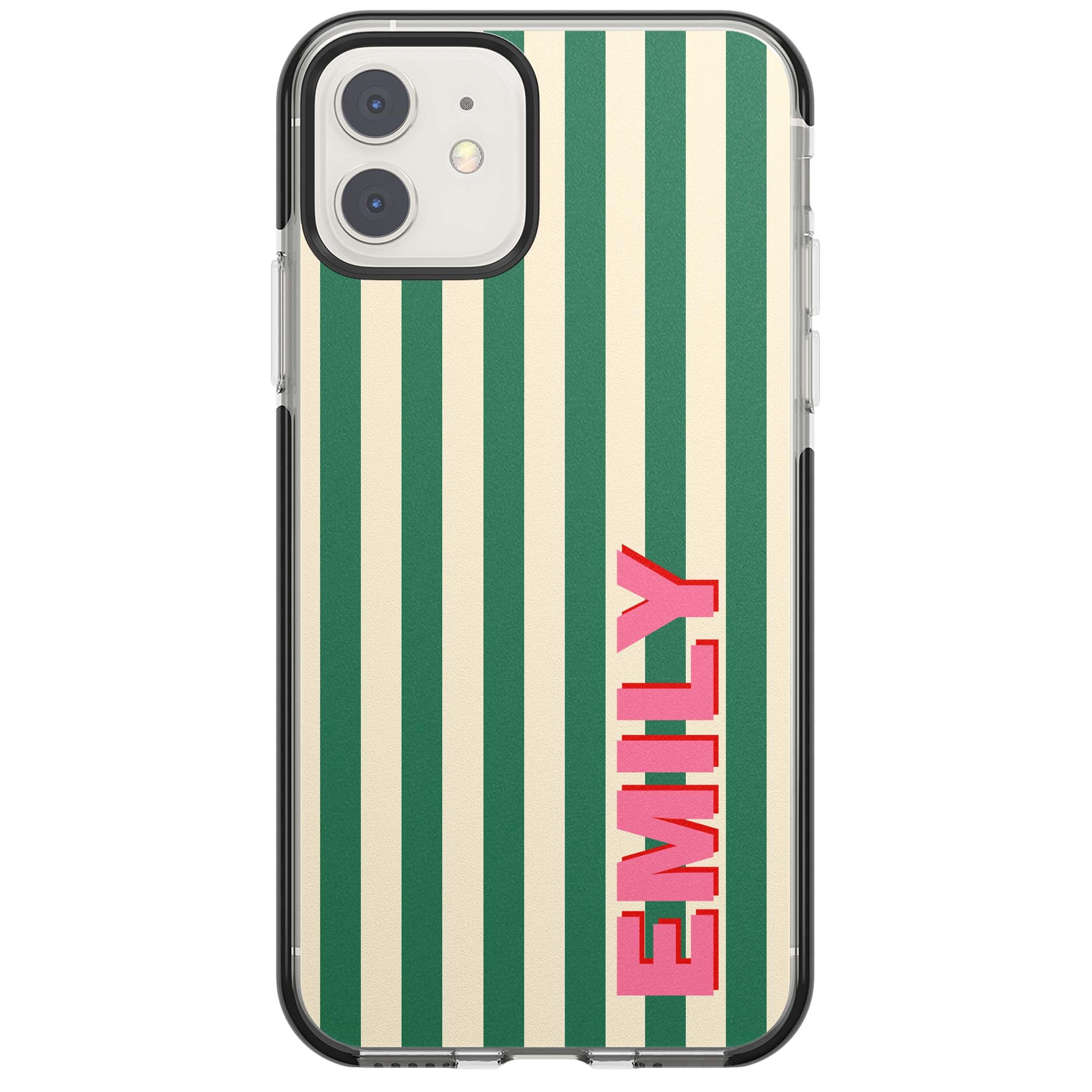 Wimbledon Stripe preppy iPhone case featuring green and cream vertical stripes with a personalised pink name | Black Impact case for iPhone 11, iPhone 12
