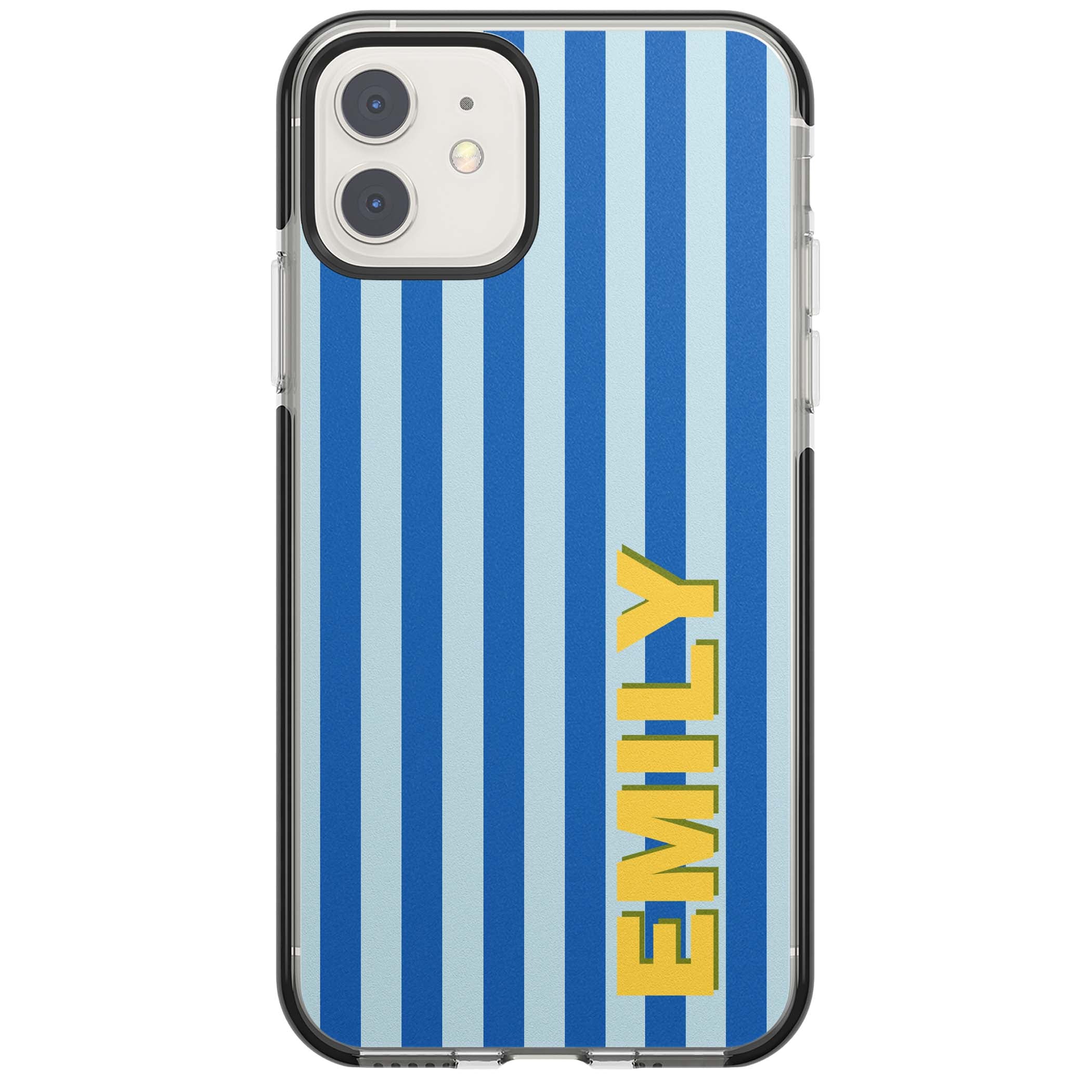 Athenian Stripe personalised preppy iPhone case featuring blue vertical stripes and a custom yellow name | Black Impact case for iPhone 11, iPhone 12