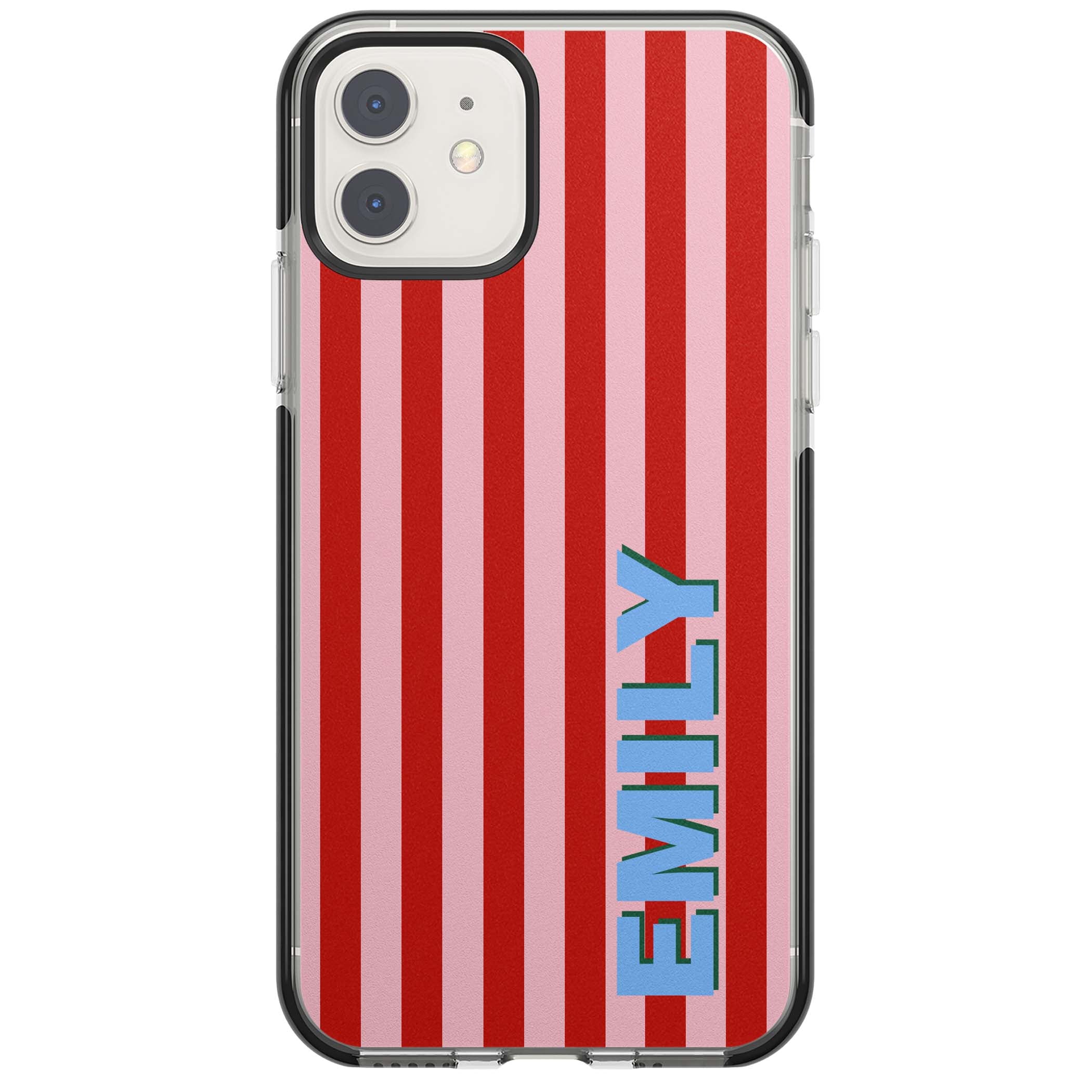 Market Stripe personalised iPhone case with red and pink vertical stripes and custom blue name | Black Impact case for iPhone 11, iPhone 12