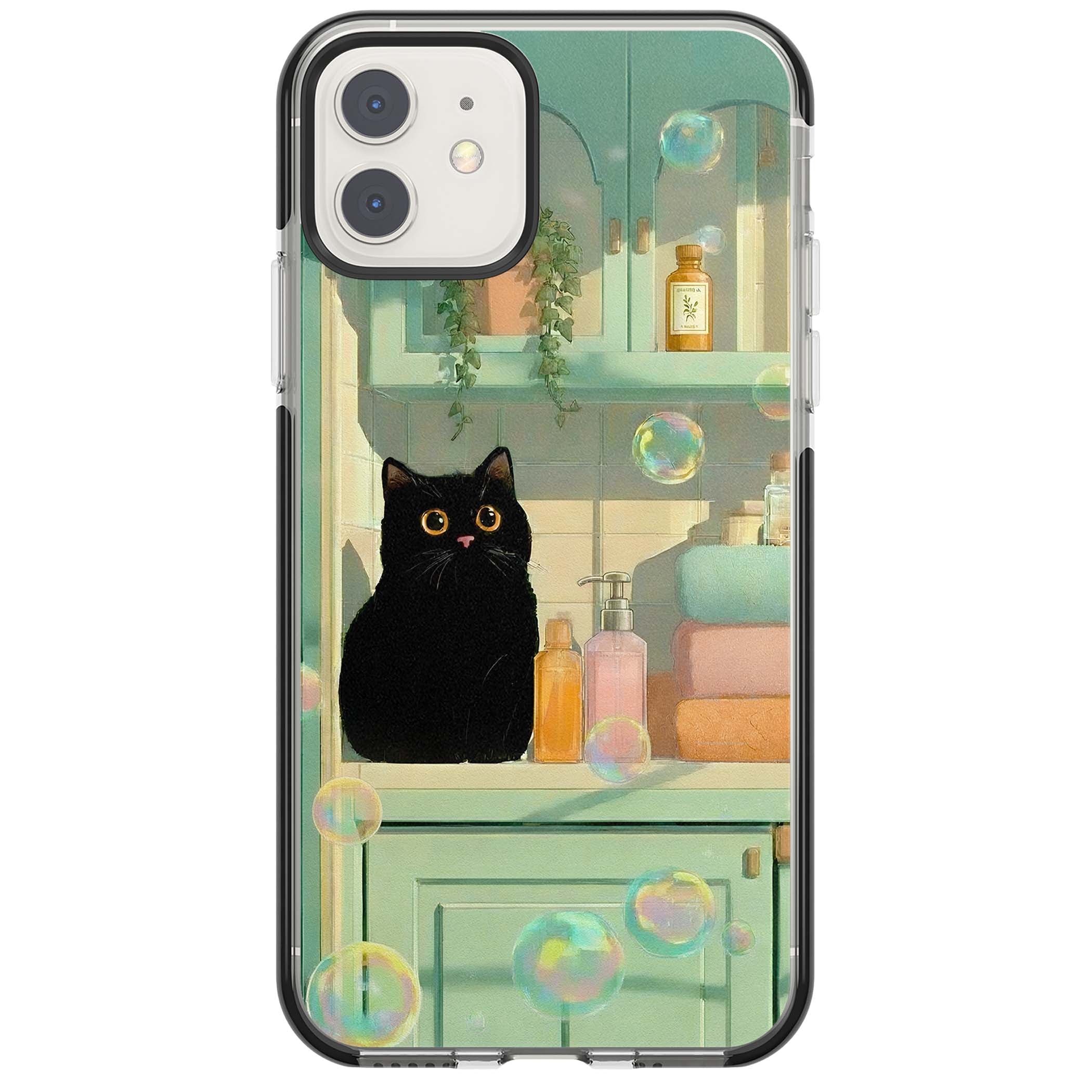 Bathroom Bubble Kitty cottagecore iPhone case featuring a black cat, mint bathroom scene and floating soap bubbles | Black Impact case for iPhone 11, iPhone 12