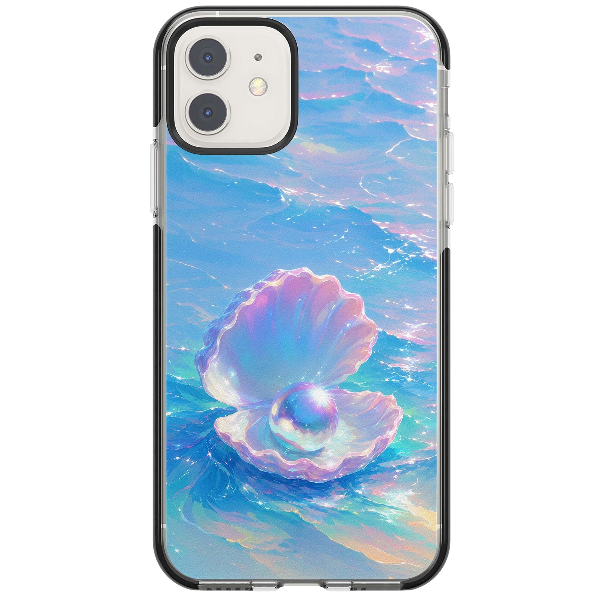 The Pearl Clam mermaidcore iPhone case featuring iridescent seashell, glowing pearl and pastel ocean waves | Black Impact case for iPhone 11, iPhone 12