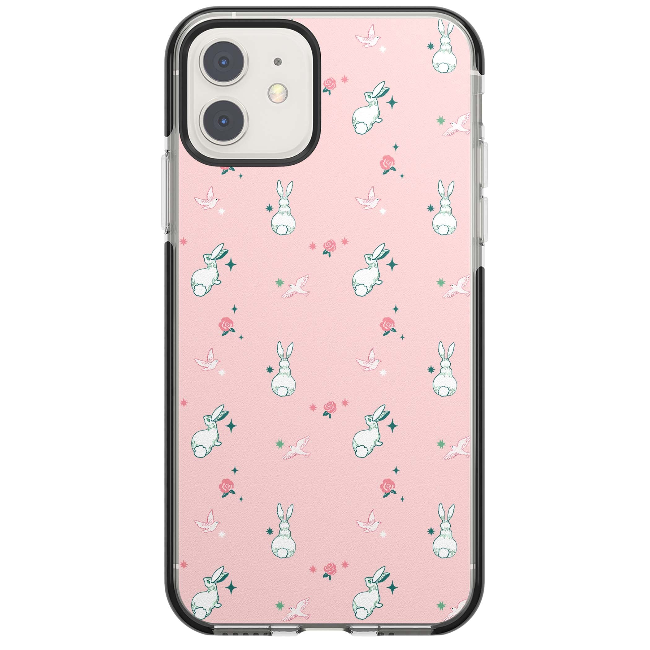 Bunny Garden kawaii iPhone case featuring white rabbits, pink roses, doves and stars on pink background | Black Impact case for iPhone 11, iPhone 12