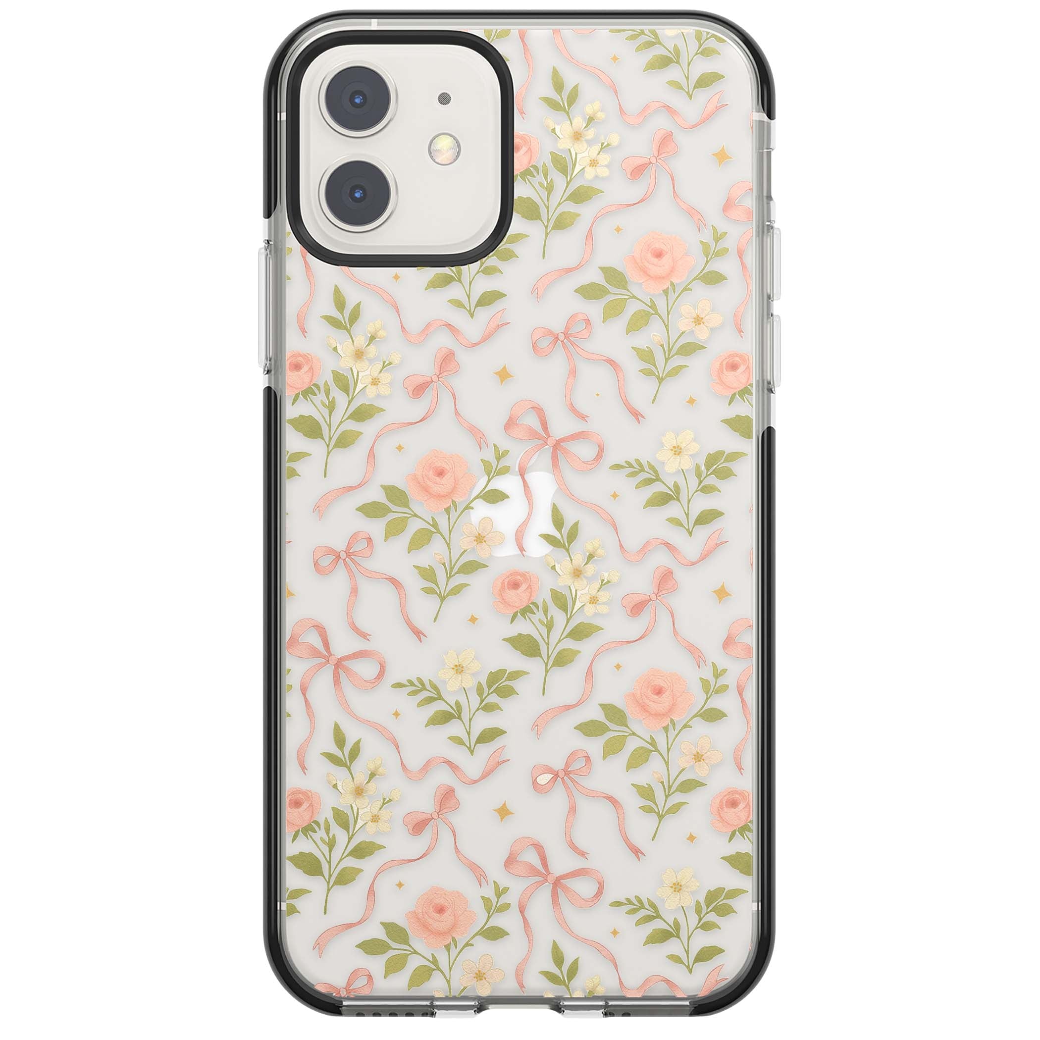 Ribbon Garden coquette iPhone case featuring pink bows, peach roses and wildflowers on white background | Black Impact case for iPhone 11, iPhone 12