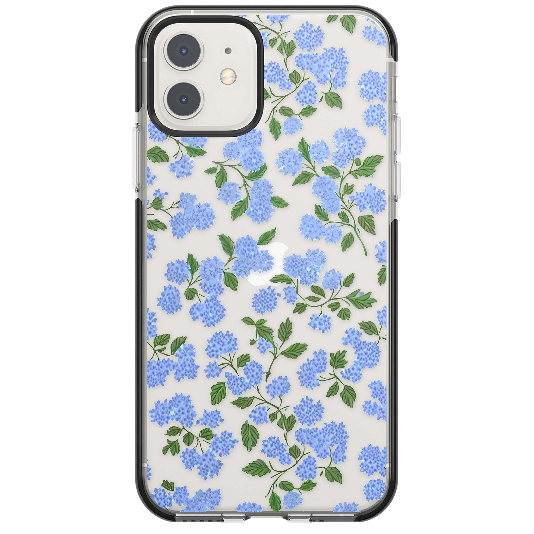 Hydrangea Dreams cottagecore iPhone case featuring soft blue hydrangea flower clusters and green leaves | Black Impact case for iPhone 11, iPhone 12