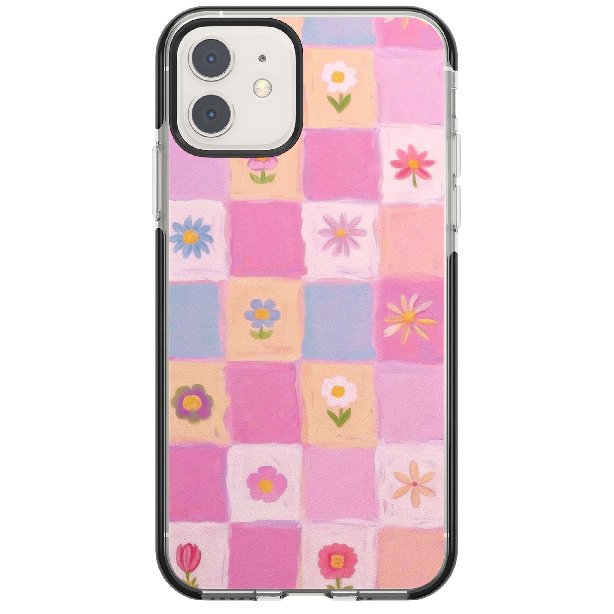 Pastel Flower Patchwork cottagecore iPhone case featuring painted pink and lilac squares with daisies and wildflowers | Black Impact case for iPhone 11, iPhone 12