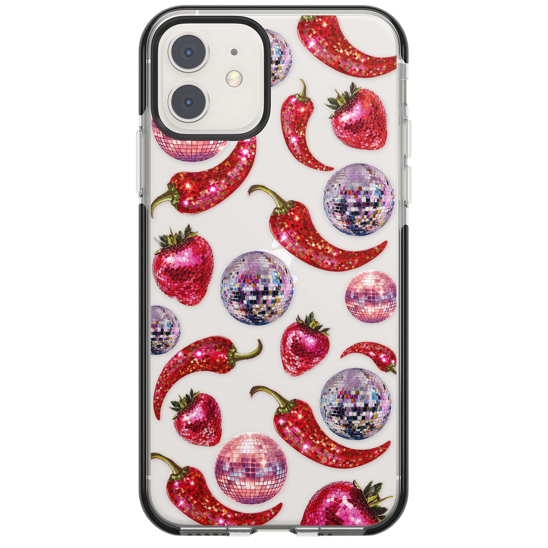 Spicy Disco Y2K iPhone case featuring glitter disco balls, sparkly strawberries and red chilli peppers | Black Impact case for iPhone 11, iPhone 12
