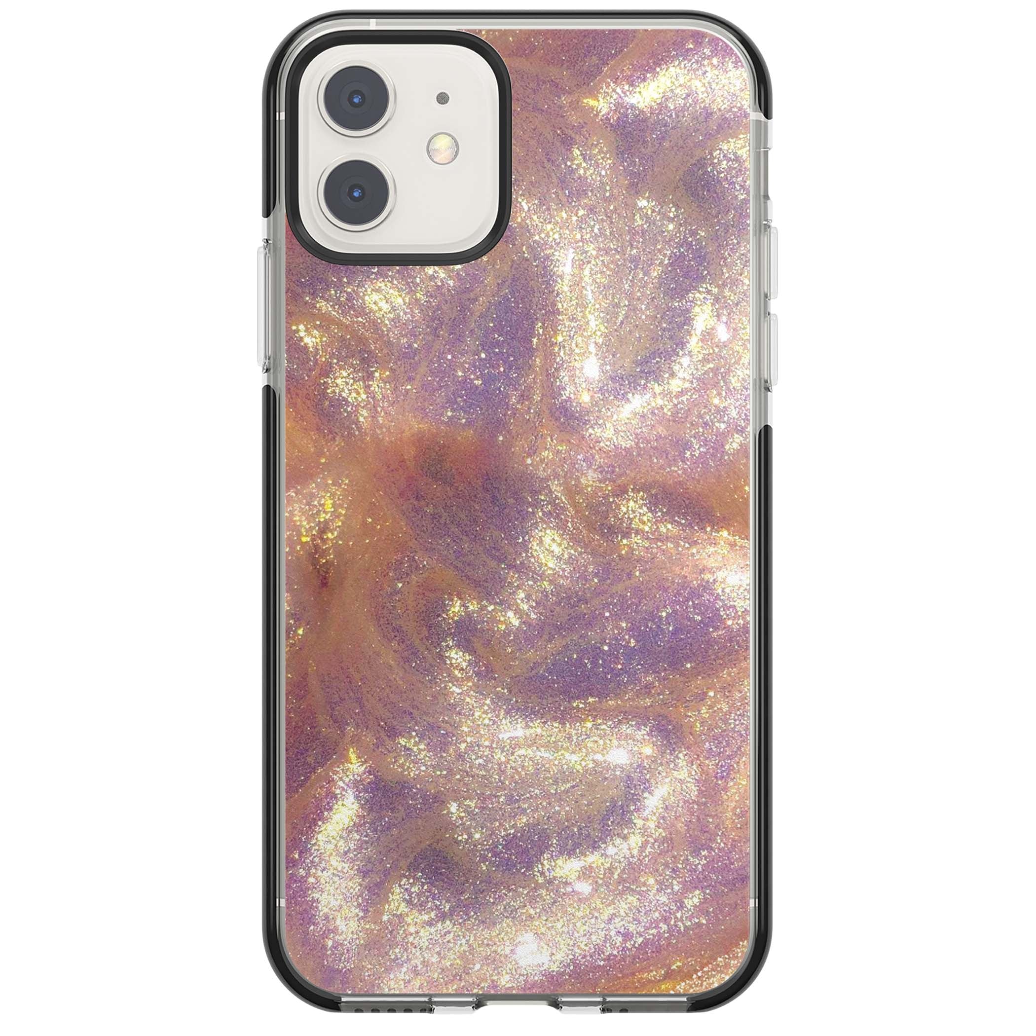 Shimmer marble iPhone case featuring rose gold glitter swirls, lilac shimmer and iridescent pearl finish | Black Impact case for iPhone 11, iPhone 12
