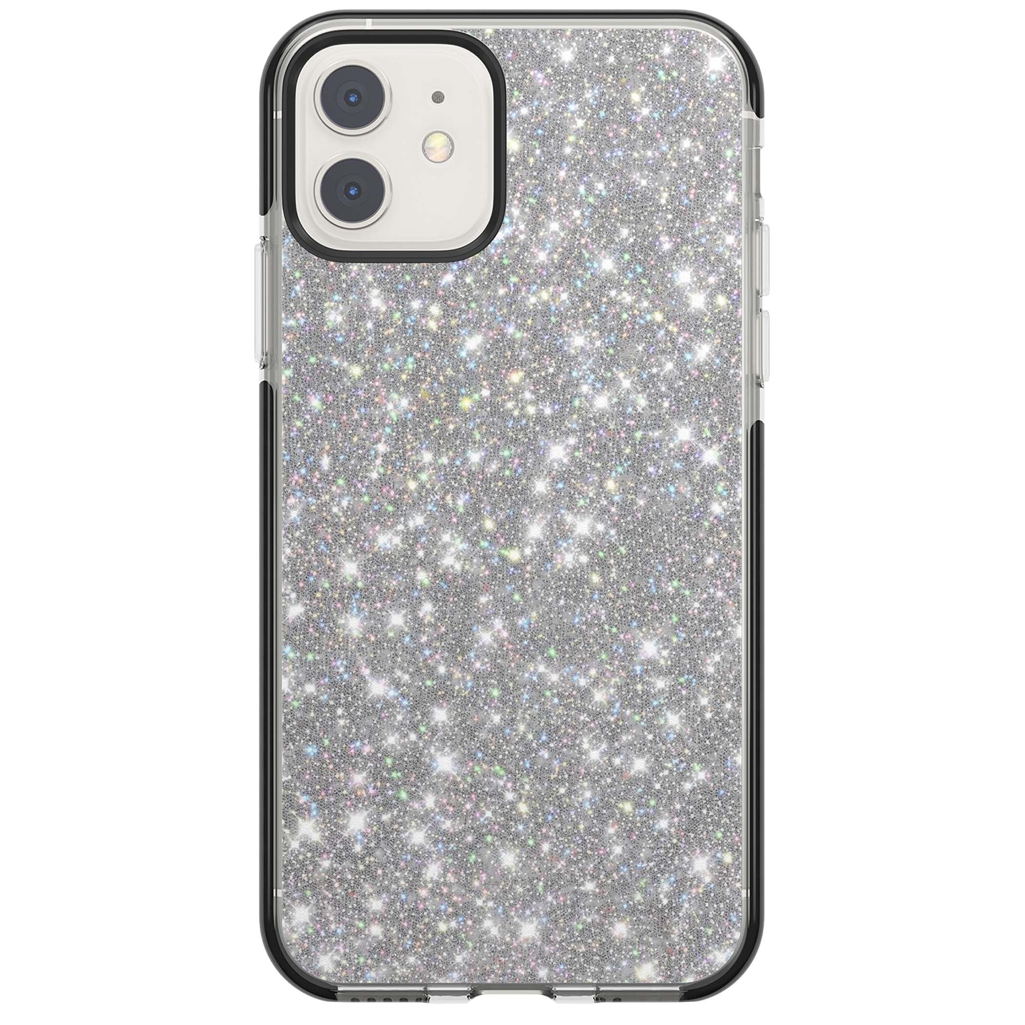 Diamond glam iPhone case featuring silver glitter sparkle and shimmering diamond dust effect | Black Impact case for iPhone 11, iPhone 12