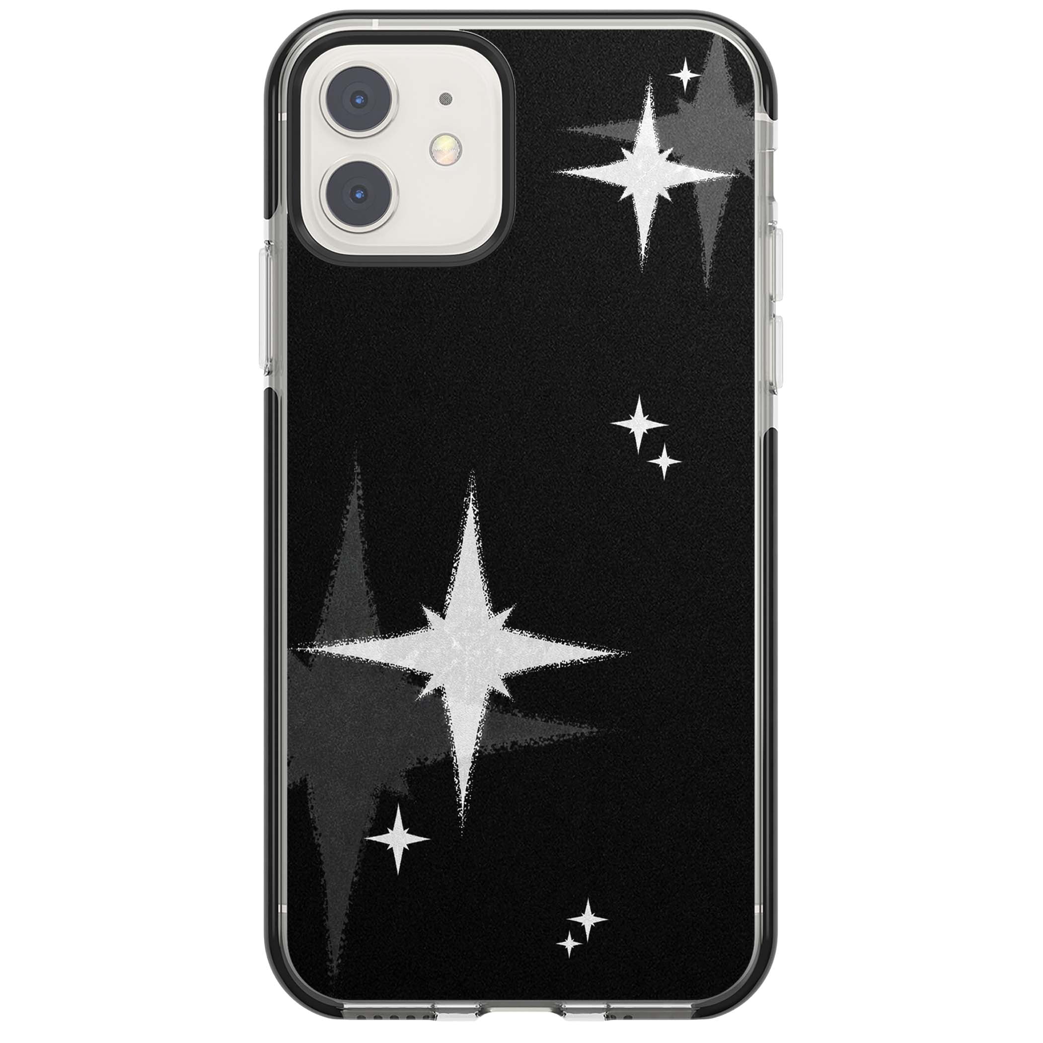 Black Sparkle celestial iPhone case featuring white sparkle stars on a black night sky background | Black Impact case for iPhone 11, iPhone 12