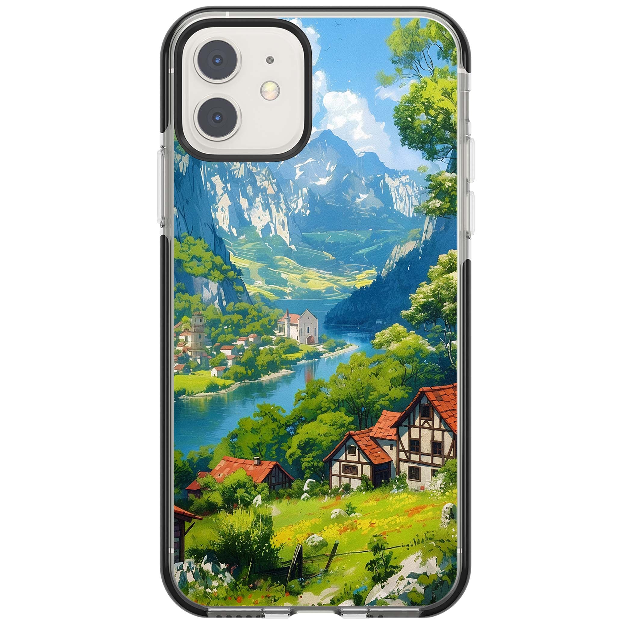 Village In The Valley anime iPhone case featuring a painted mountain village, river valley and half-timbered cottages. | Black Impact case for iPhone 11, iPhone 12