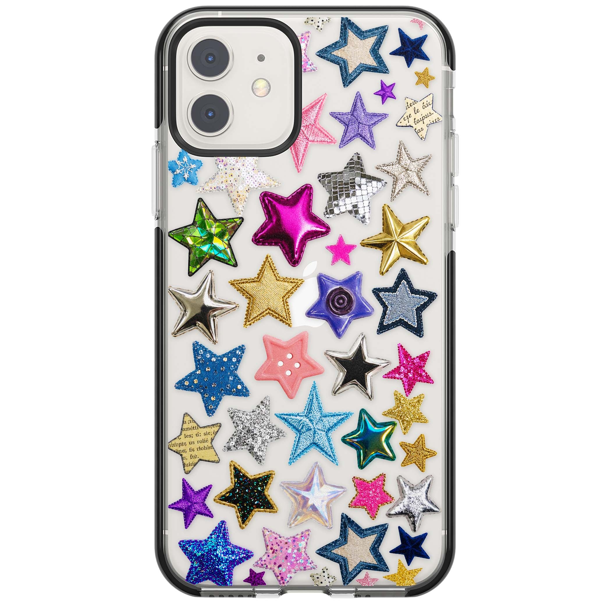 Crafty Star Mix Y2K iPhone case featuring embroidered, sequinned and glitter star patches in rainbow colours | Black Impact case for iPhone 11, iPhone 12