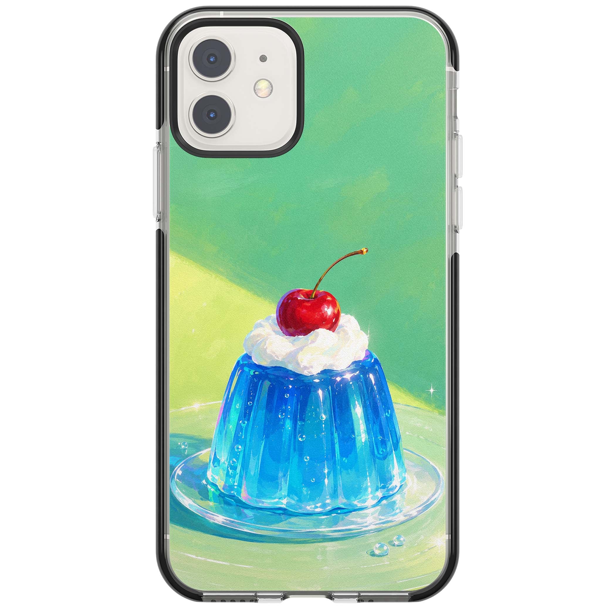 Cherry Jelly kawaii dessert iPhone case featuring blue jelly pudding, whipped cream and a red cherry | Black Impact case for iPhone 11, iPhone 12