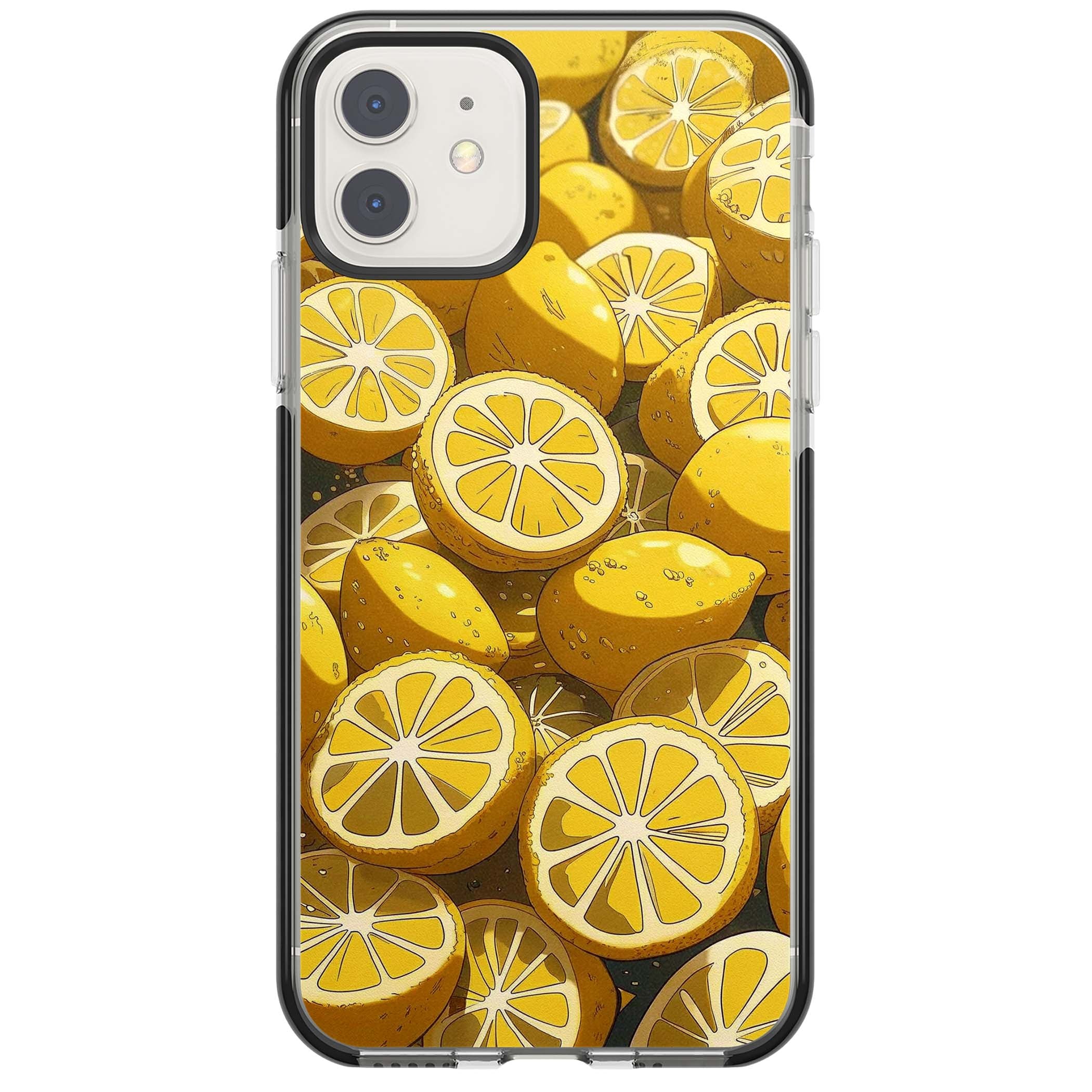 Zesty coastal iPhone case featuring illustrated Mediterranean lemons and citrus slices in golden yellow | Black Impact case for iPhone 11, iPhone 12