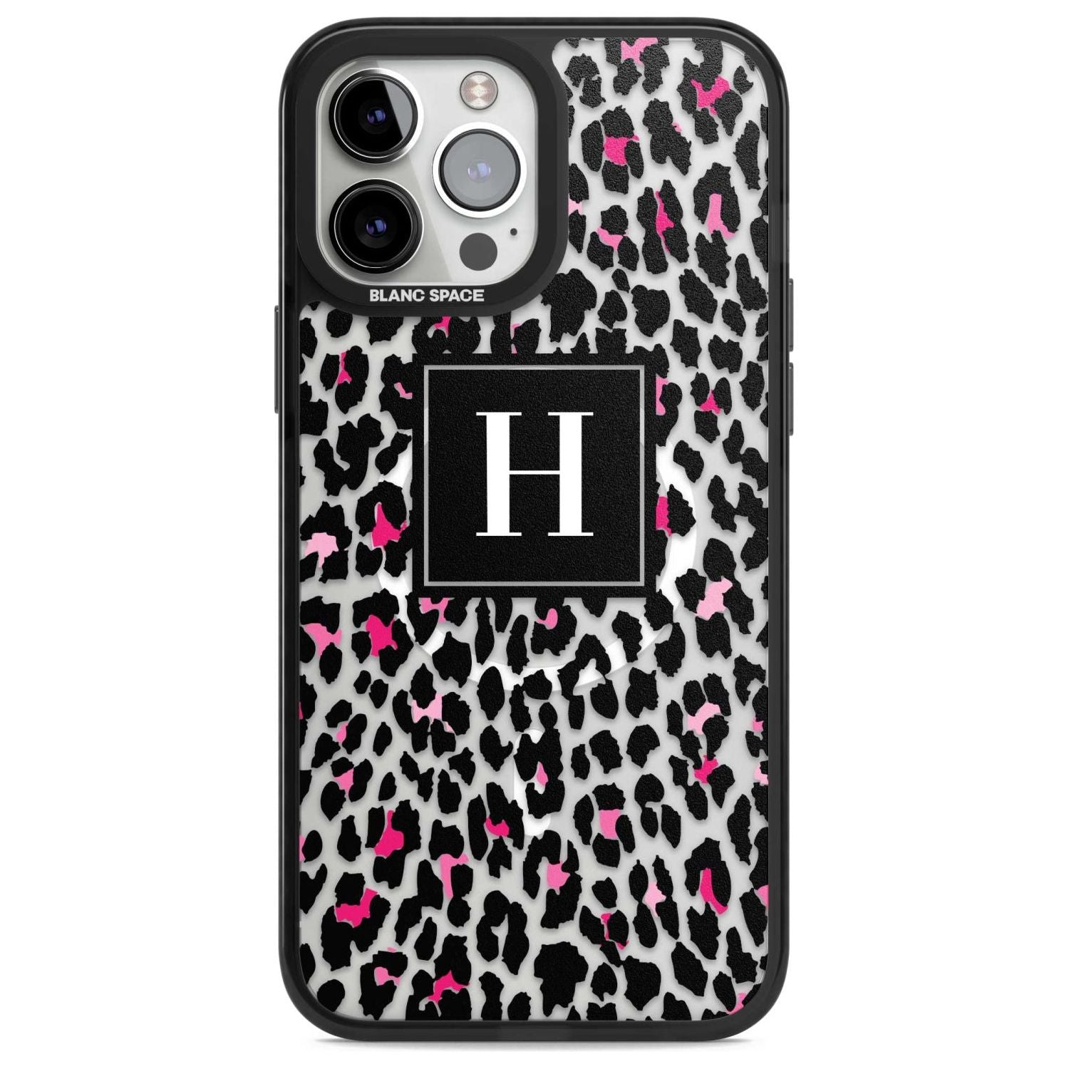 Personalised Pink Monogram Leopard Spots Custom Phone Case iPhone 13 Pro Max / Magsafe Black Impact Case Blanc Space