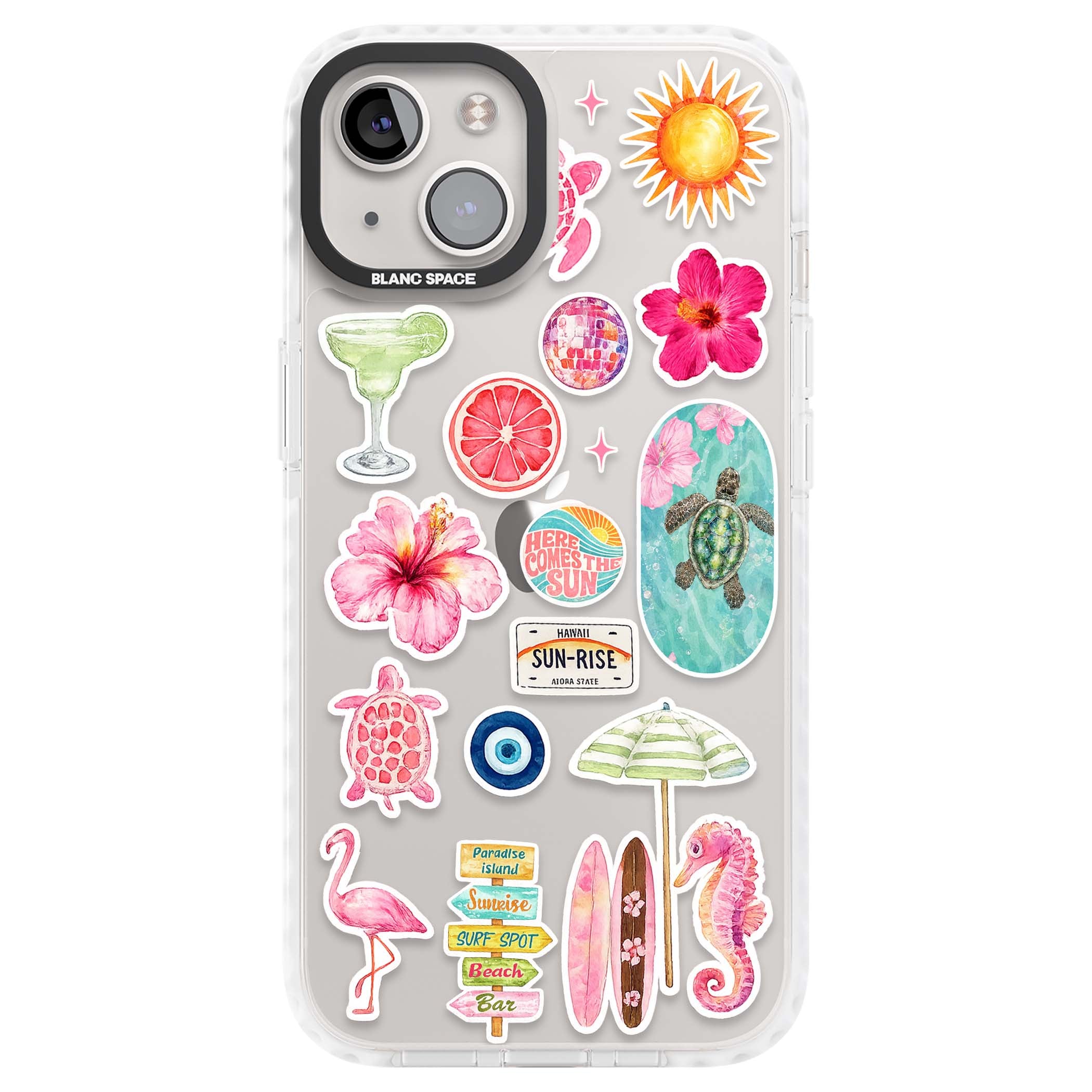 Aloha Sticker Mix tropical summer iPhone case featuring pink hibiscus, sea turtles, flamingo and beach umbrella stickers | Clear Impact case for iPhone 13, iPhone 14, iPhone 15