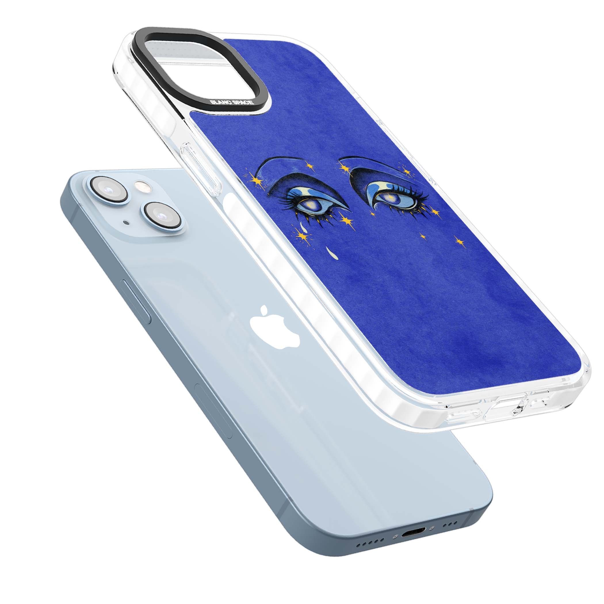 Blue Mystic Eyes celestial iPhone case featuring hand drawn blue mystical eyes, golden stars and a painted tear on indigo | Clear Impact case for iPhone 13, iPhone 14, iPhone 15