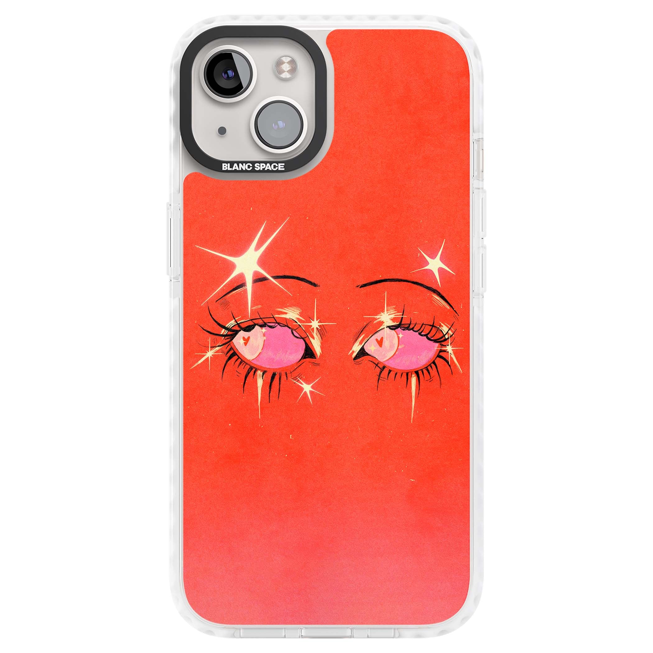 Pink Ethereal Eyes anime iPhone case featuring hand-drawn sparkly eyes with pink hearts and gold stars on red | Clear Impact case for iPhone 13, iPhone 14, iPhone 15