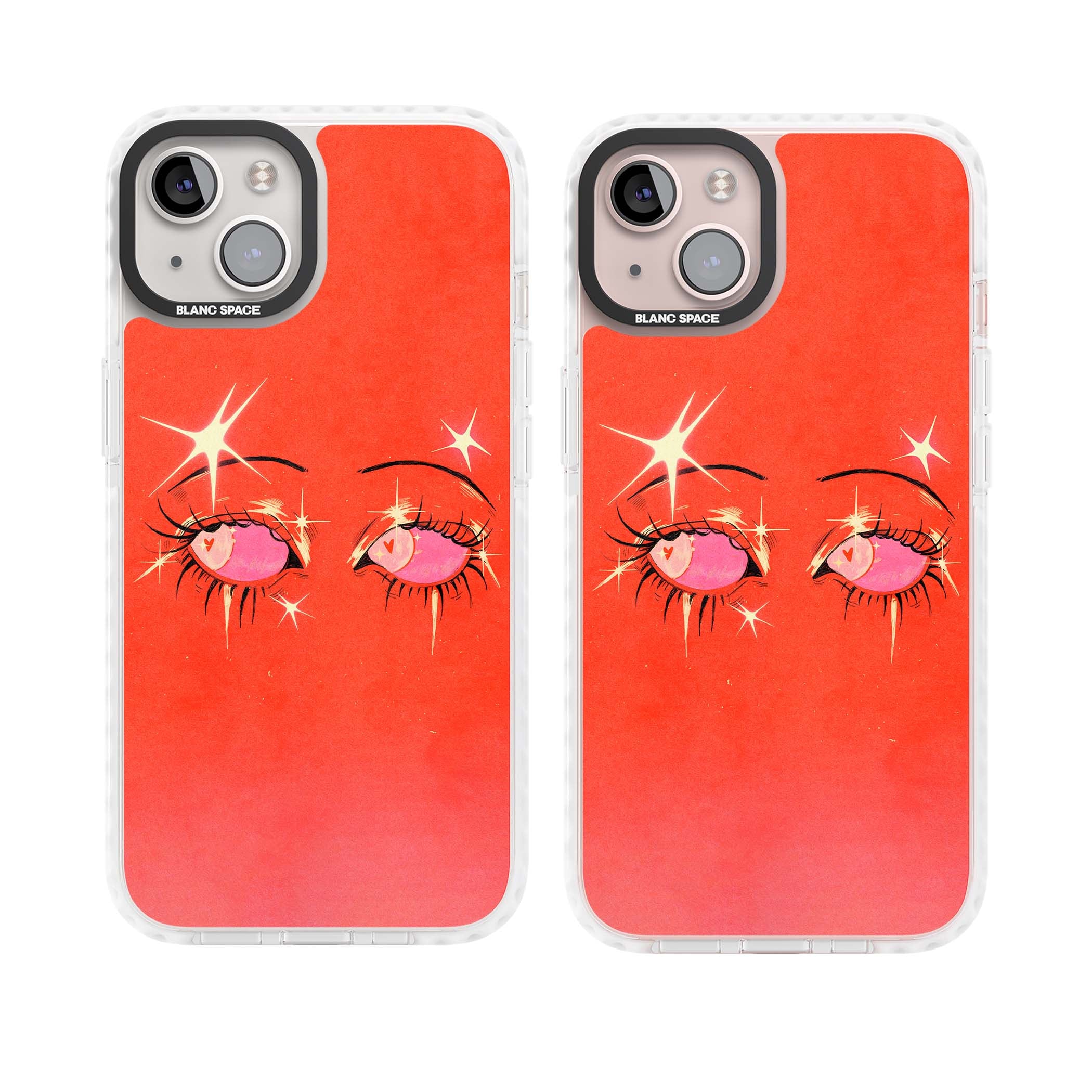 Pink Ethereal Eyes anime iPhone case featuring hand-drawn sparkly eyes with pink hearts and gold stars on red | Clear Impact case for iPhone 13, iPhone 14, iPhone 15