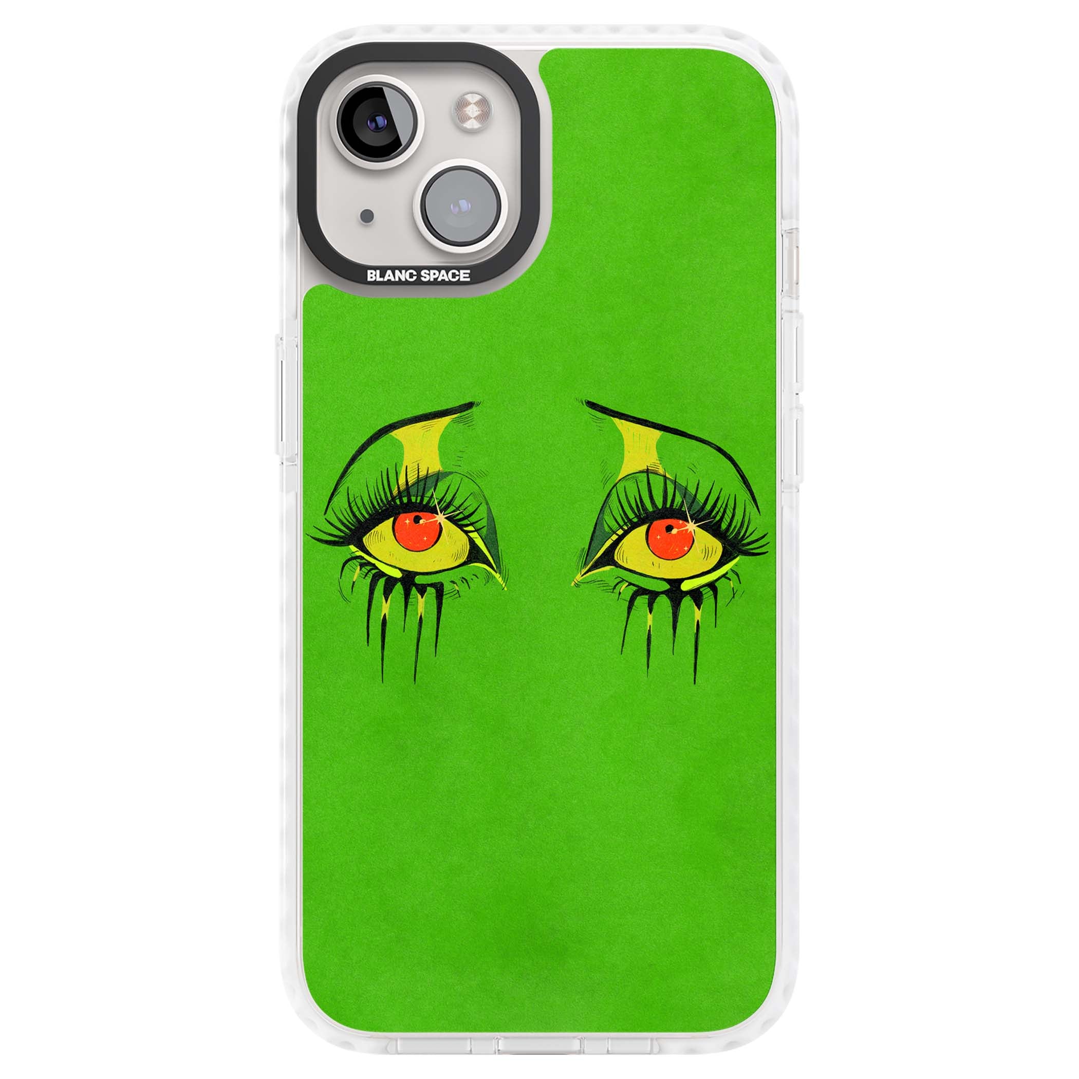 Green Enchanted Eyes psychedelic art iPhone case featuring hand-drawn dripping eyes on neon green background | Clear Impact case for iPhone 13, iPhone 14, iPhone 15