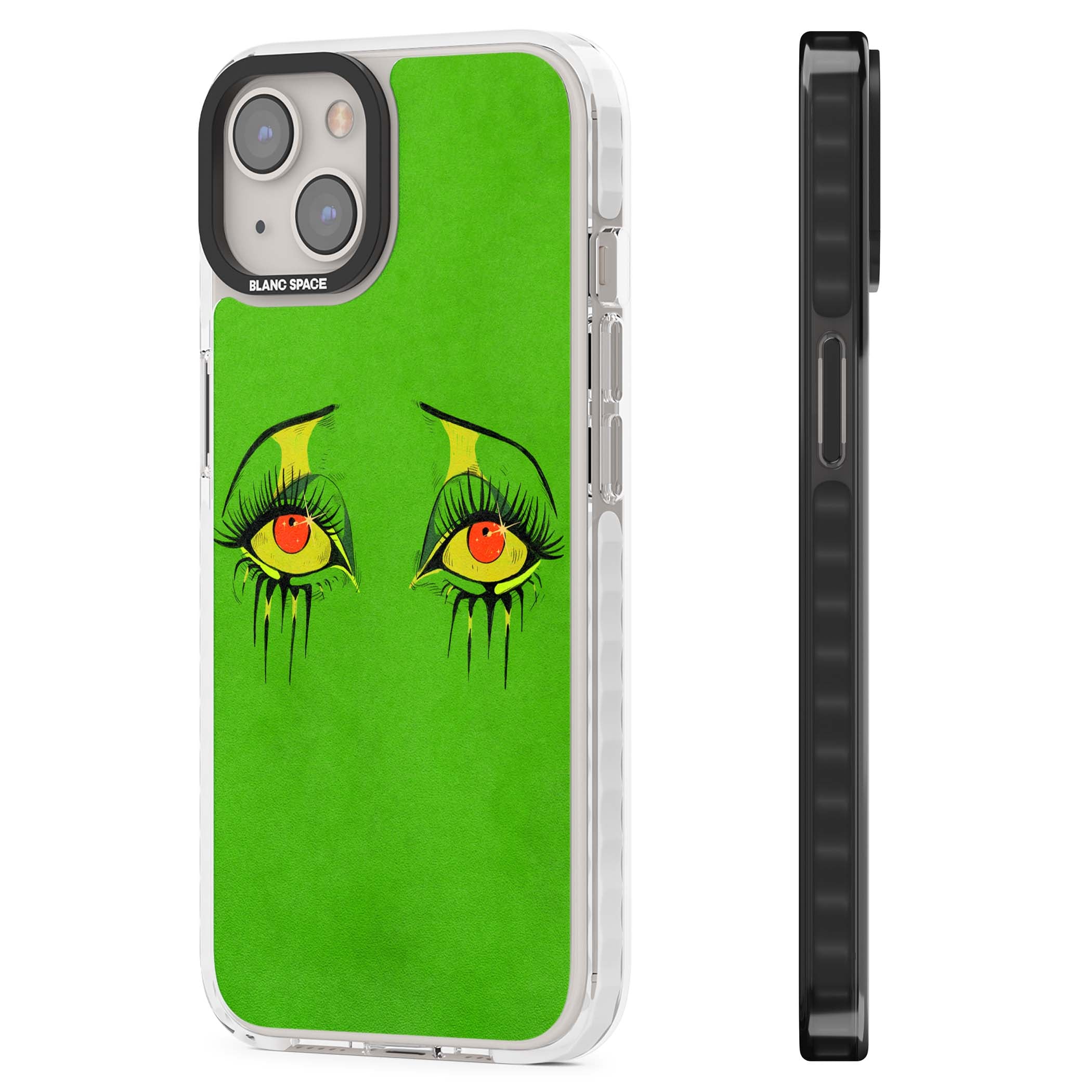 Green Enchanted Eyes psychedelic art iPhone case featuring hand-drawn dripping eyes on neon green background | Clear Impact case for iPhone 13, iPhone 14, iPhone 15