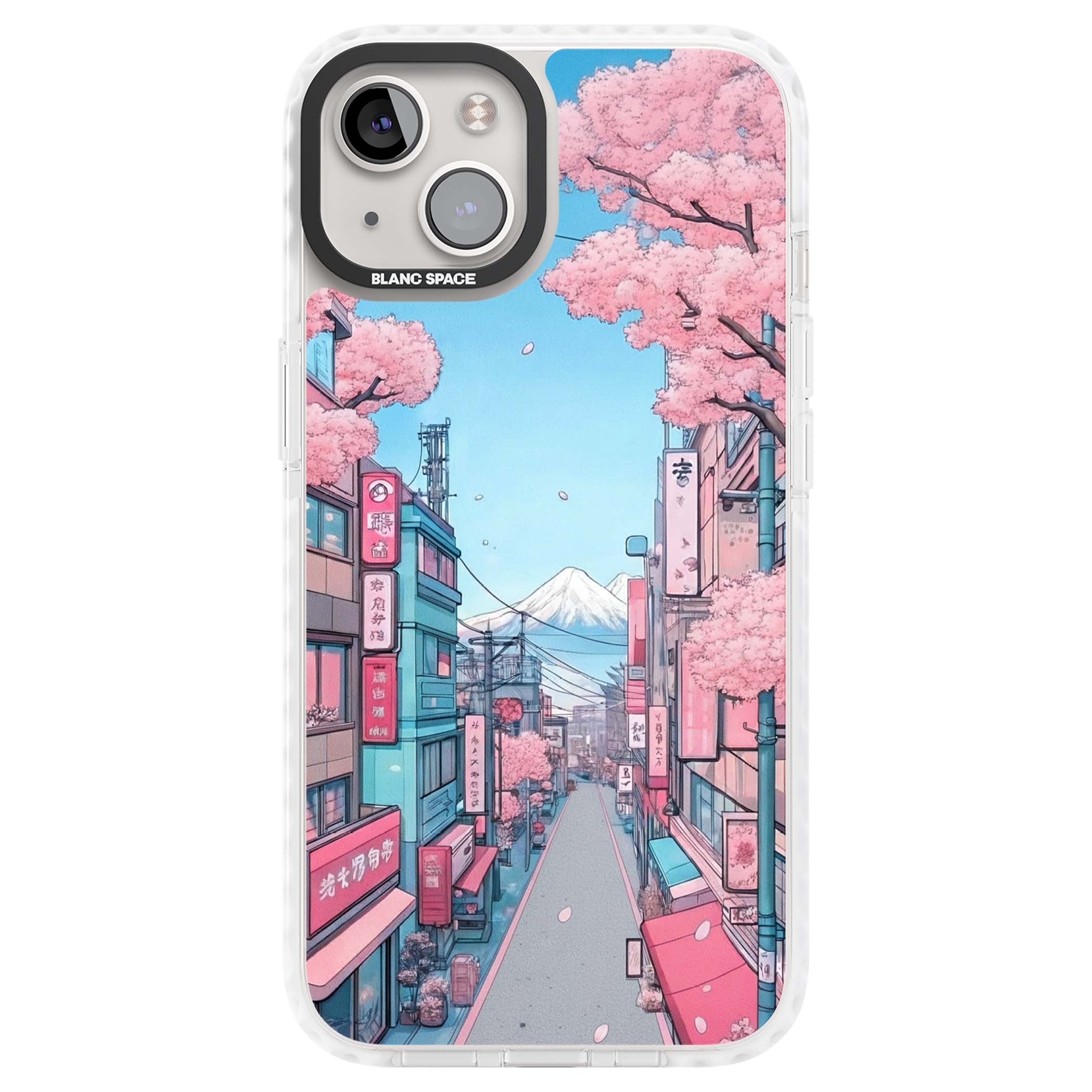 Sakura Lane anime iPhone case featuring Tokyo street scene with cherry blossoms and Mount Fuji | Clear Impact case for iPhone 13, iPhone 14, iPhone 15