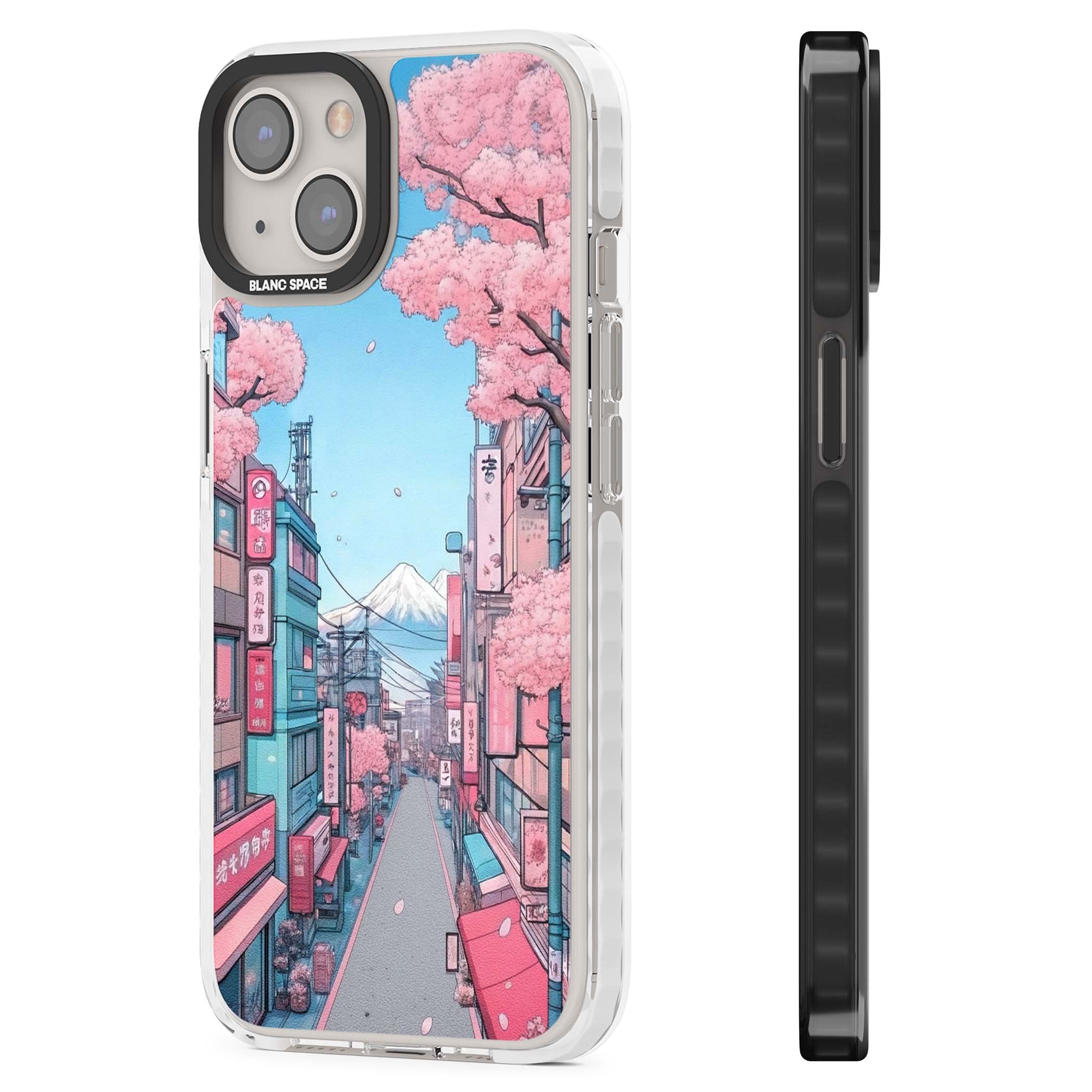 Sakura Lane anime iPhone case featuring Tokyo street scene with cherry blossoms and Mount Fuji | Clear Impact case for iPhone 13, iPhone 14, iPhone 15