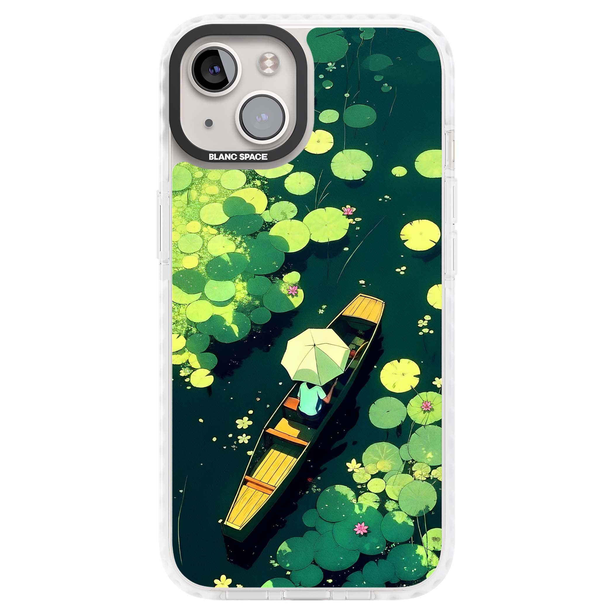 Jade Waters cottagecore iPhone case featuring a painted lily pond, wooden boat with parasol and floating water lilies | Clear Impact case for iPhone 13, iPhone 14, iPhone 15