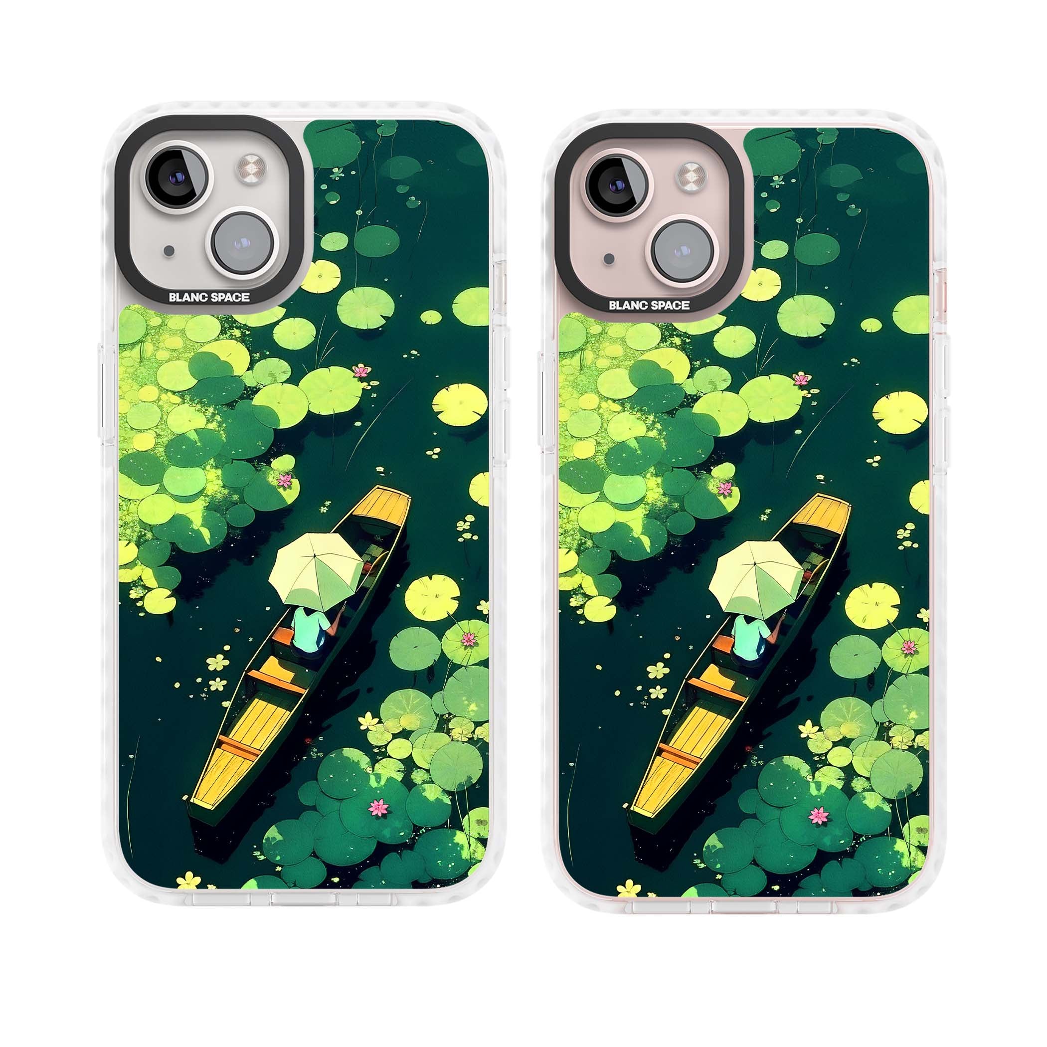 Jade Waters cottagecore iPhone case featuring a painted lily pond, wooden boat with parasol and floating water lilies | Clear Impact case for iPhone 13, iPhone 14, iPhone 15