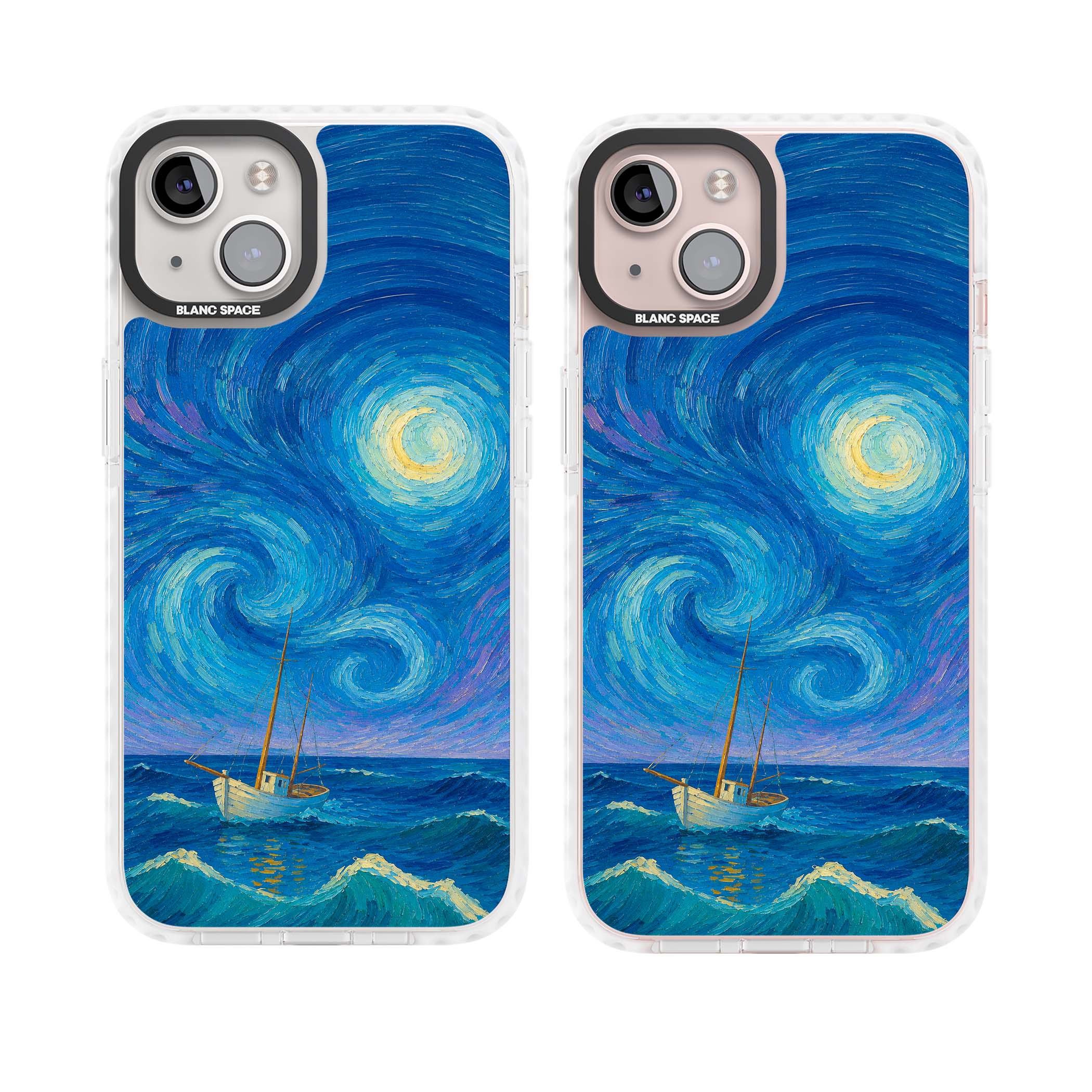Moonlit Tide Van Gogh art iPhone case featuring swirling starry night sky, glowing moon and lone sailing boat at sea | Clear Impact case for iPhone 13, iPhone 14, iPhone 15