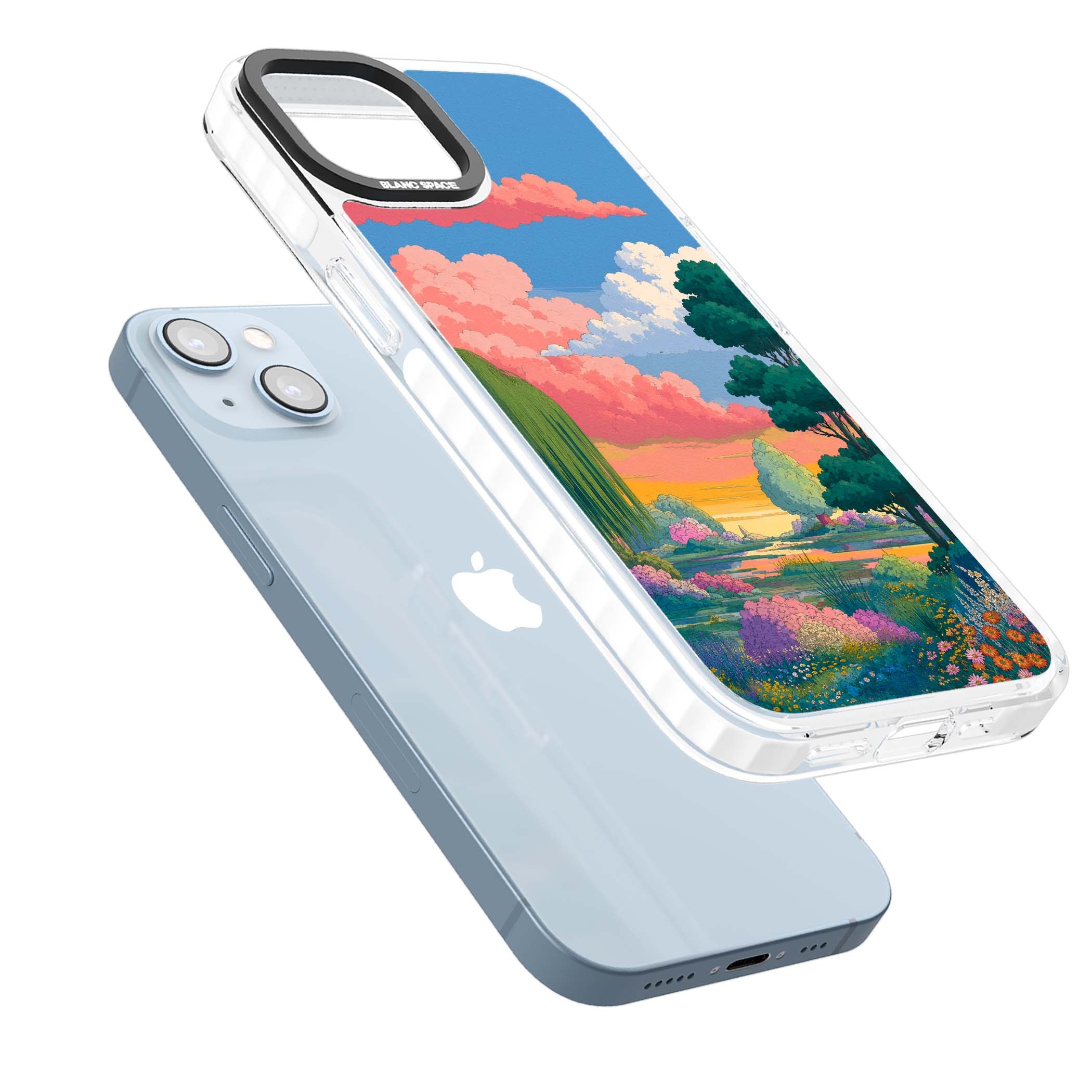 Dream Valley anime landscape iPhone case featuring pink sunset clouds, willow trees and wildflowers | Clear Impact case for iPhone 13, iPhone 14, iPhone 15