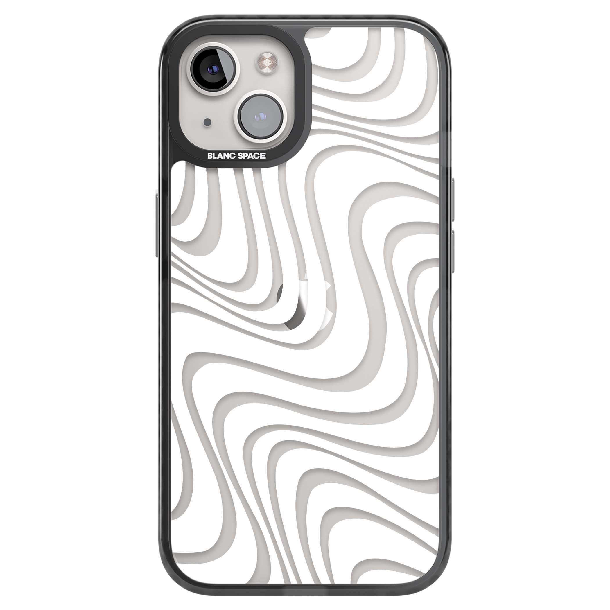 White Abstract Waves abstract iPhone case featuring flowing grey wave pattern on clear background | Black Impact case for iPhone 13, iPhone 14, iPhone 15