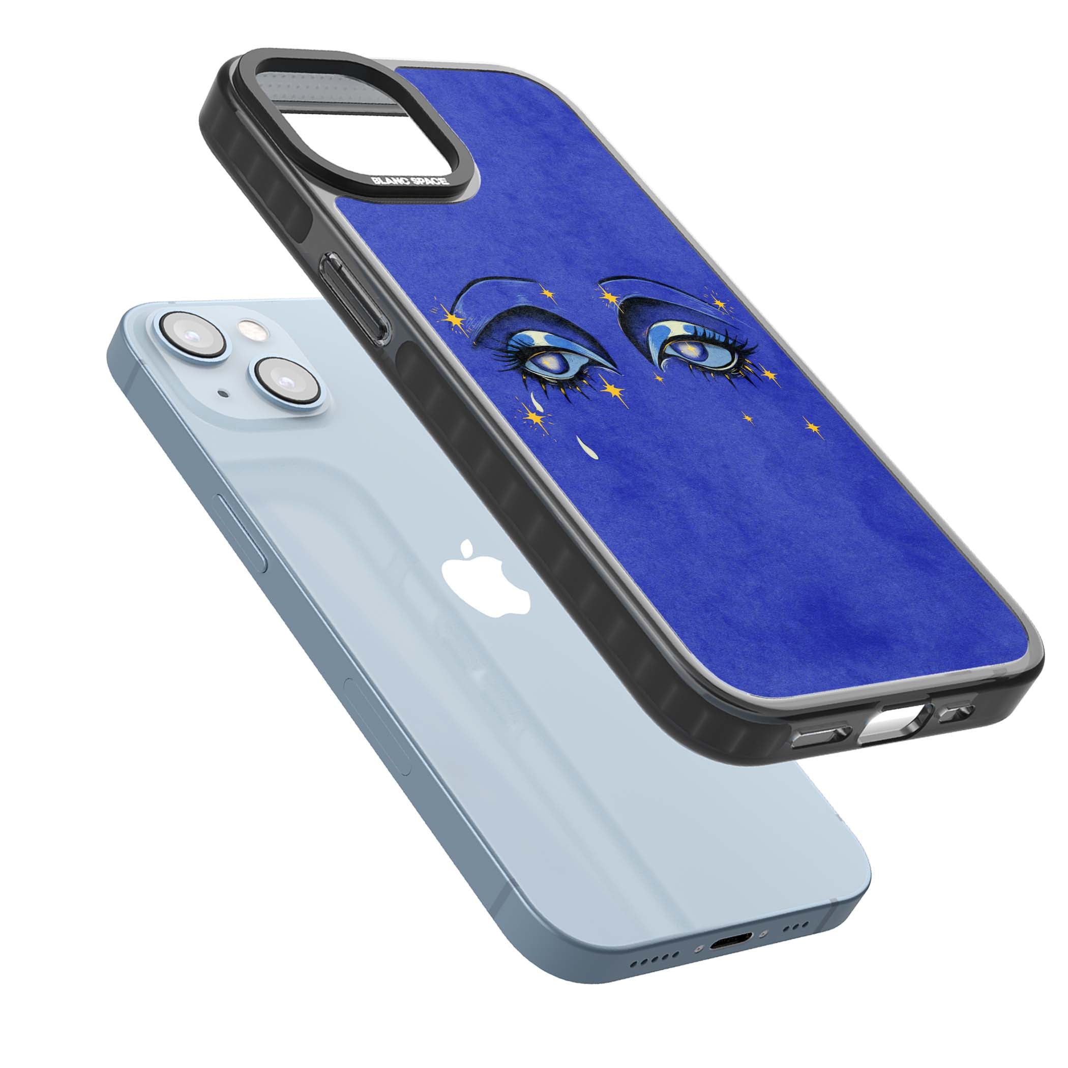 Blue Mystic Eyes celestial iPhone case featuring hand drawn blue mystical eyes, golden stars and a painted tear on indigo | Black Impact case for iPhone 13, iPhone 14, iPhone 15