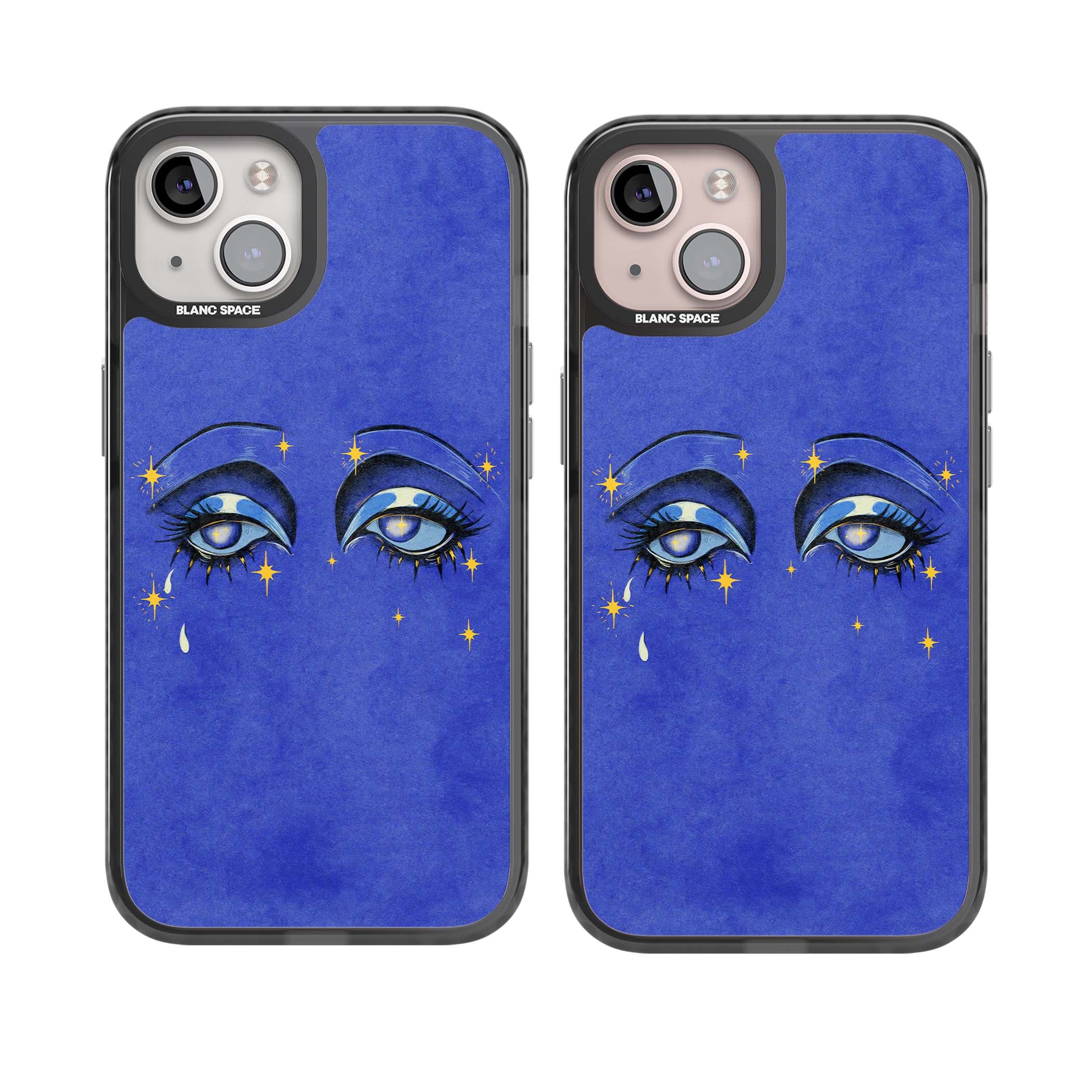 Blue Mystic Eyes celestial iPhone case featuring hand drawn blue mystical eyes, golden stars and a painted tear on indigo | Black Impact case for iPhone 13, iPhone 14, iPhone 15