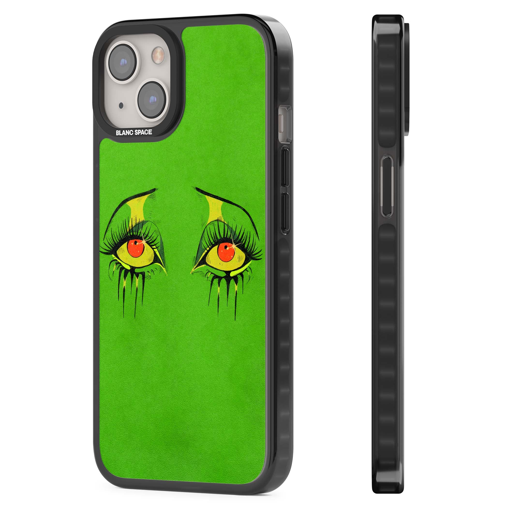 Green Enchanted Eyes psychedelic art iPhone case featuring hand-drawn dripping eyes on neon green background | Black Impact case for iPhone 13, iPhone 14, iPhone 15