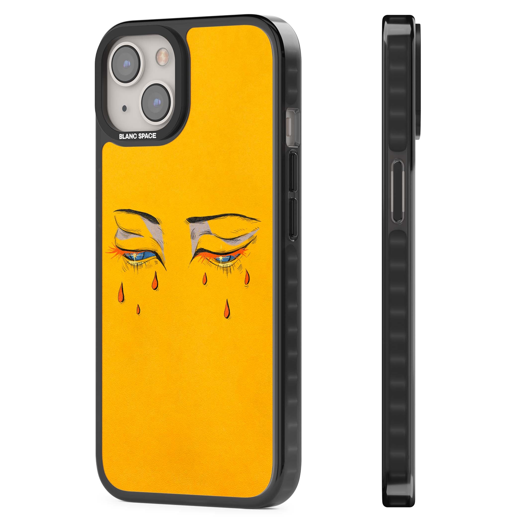 Yellow Tearful Eyes indie iPhone case featuring hand-drawn crying eyes with orange tears on a yellow background | Black Impact case for iPhone 13, iPhone 14, iPhone 15