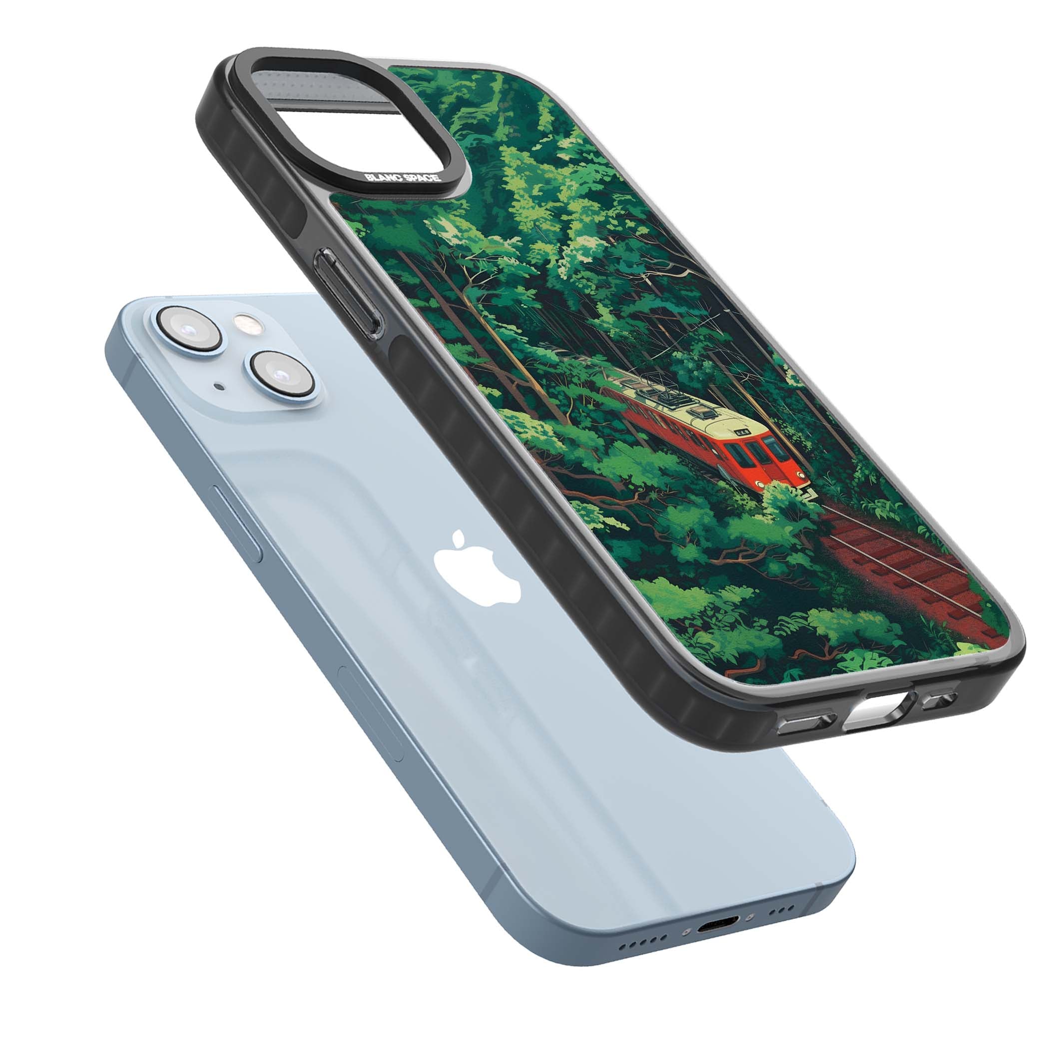 Railway In Toyama Japanese iPhone case featuring a red train, cedar forest and winding mountain railway tracks | Black Impact case for iPhone 13, iPhone 14, iPhone 15