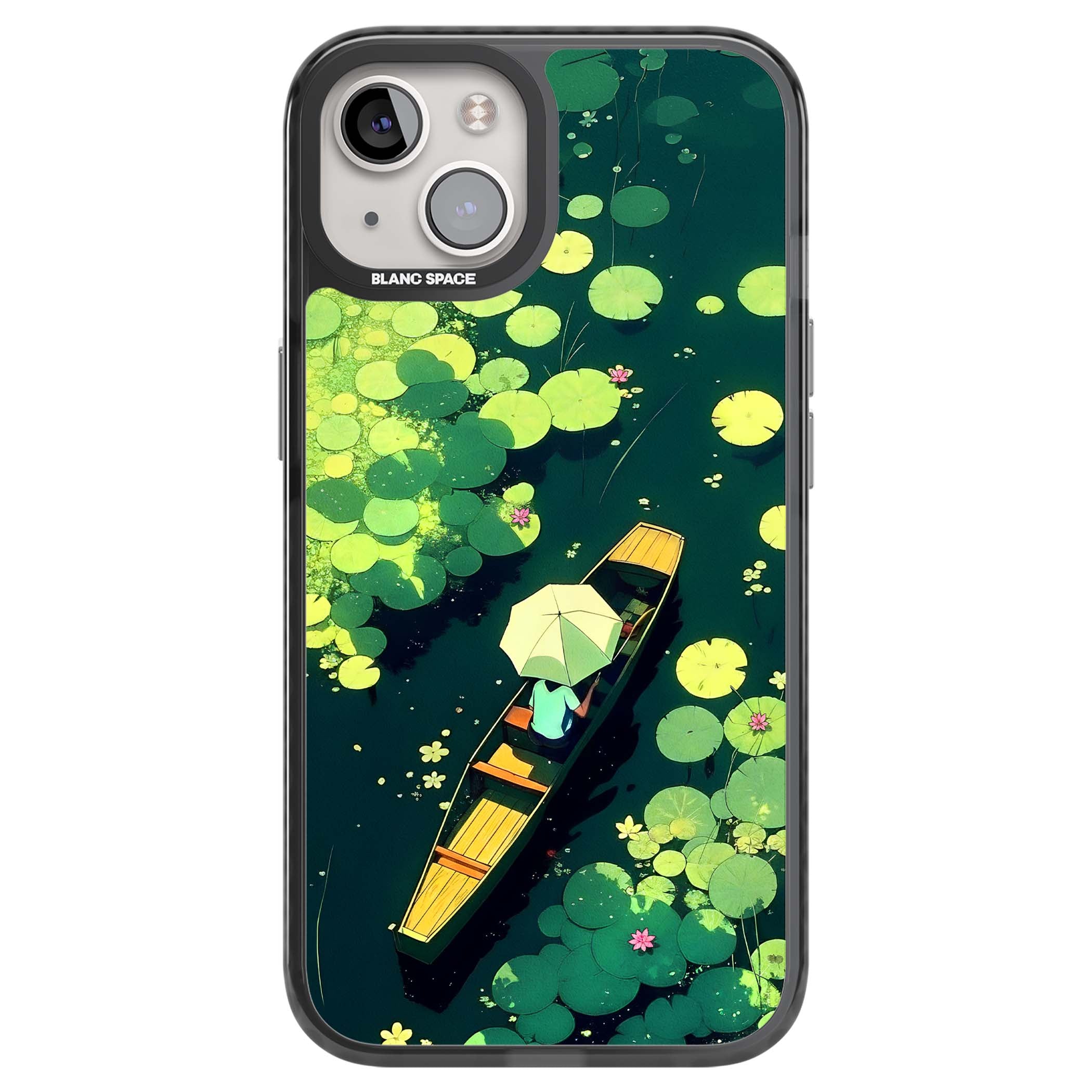 Jade Waters cottagecore iPhone case featuring a painted lily pond, wooden boat with parasol and floating water lilies | Black Impact case for iPhone 13, iPhone 14, iPhone 15