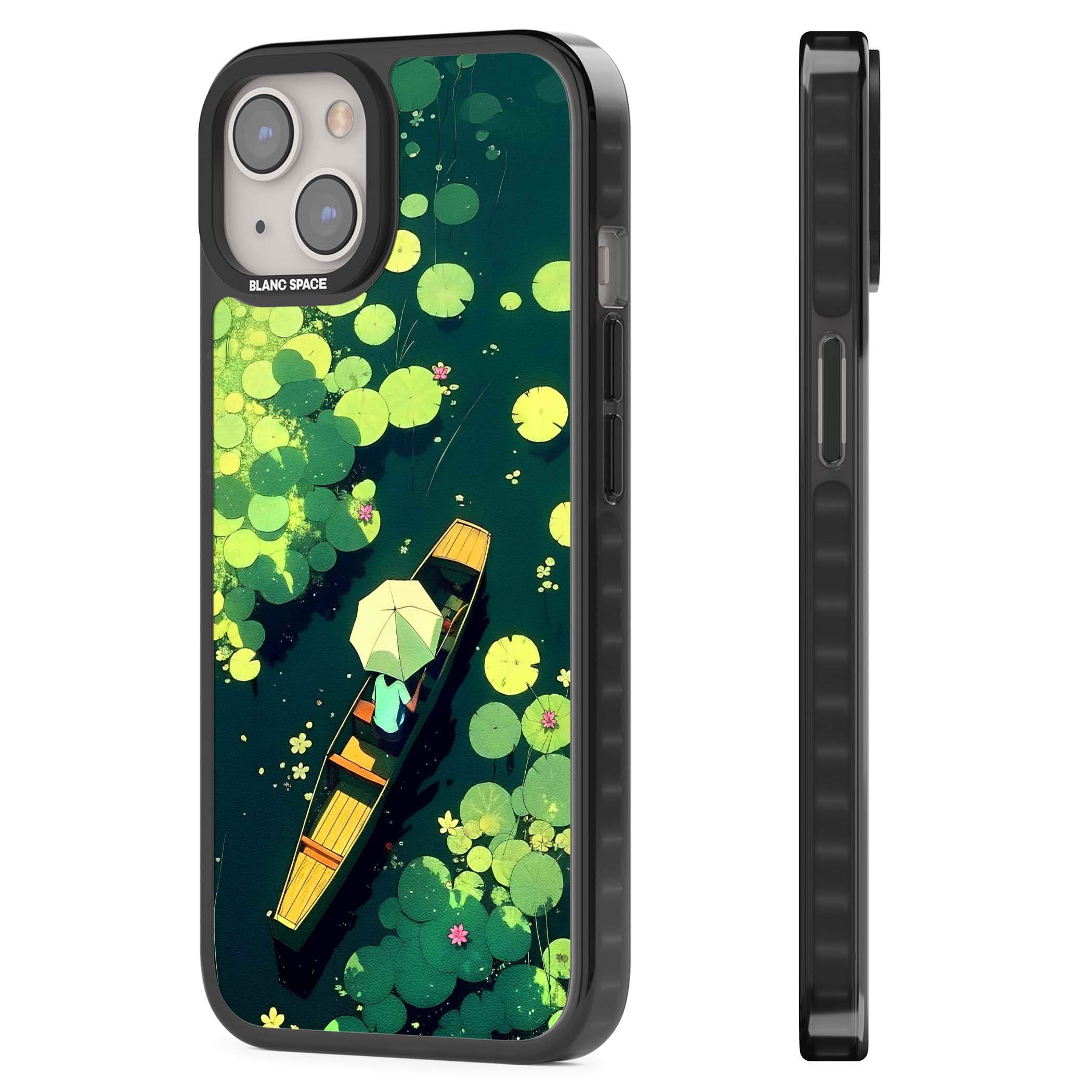 Jade Waters cottagecore iPhone case featuring a painted lily pond, wooden boat with parasol and floating water lilies | Black Impact case for iPhone 13, iPhone 14, iPhone 15